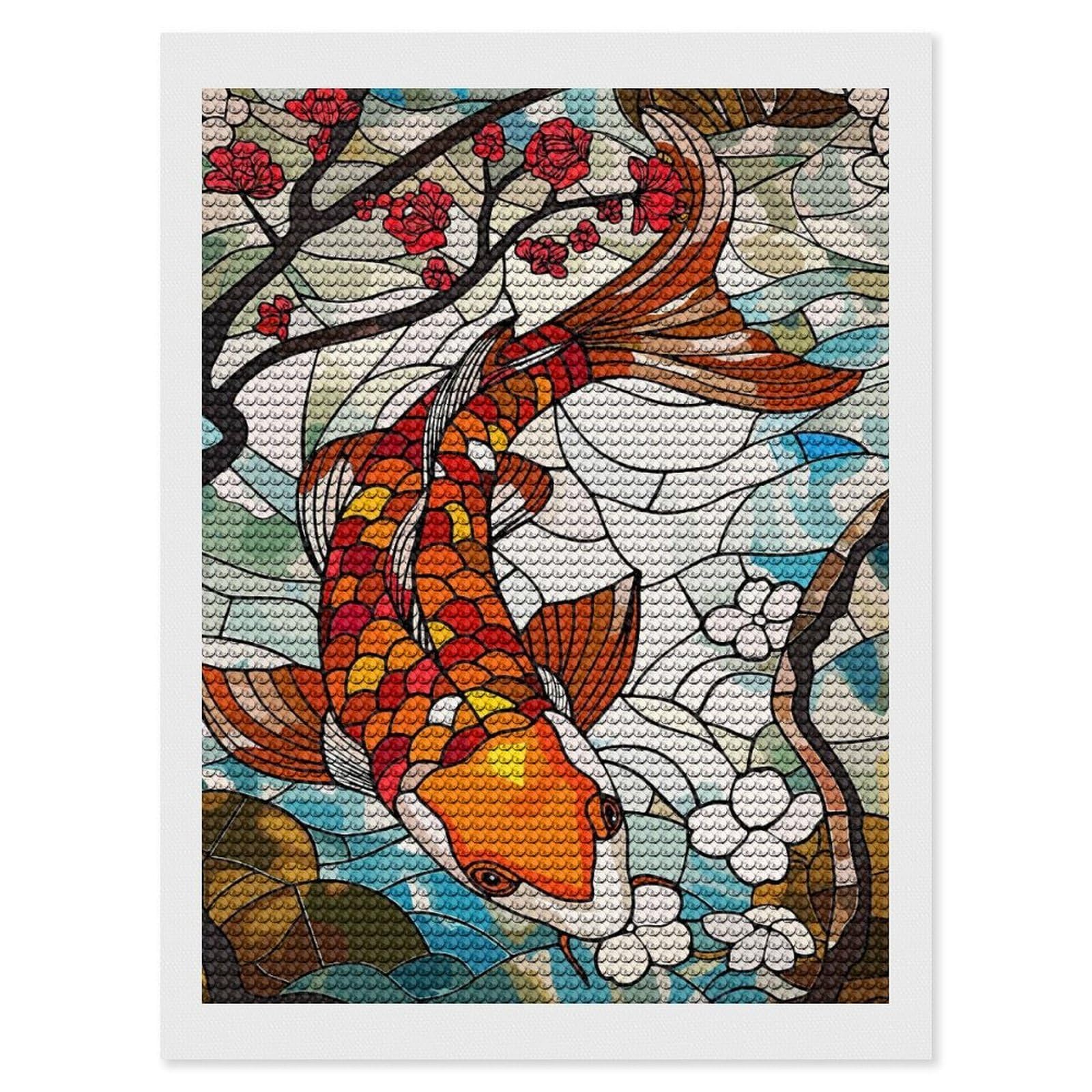 Junmoney Stained Glass Koi Fish and Cherry Blossoms Diamond Painting Canvas Set 12"x16", for Adults, Decorate Your Room, Festive Craft Gift, Office Decor