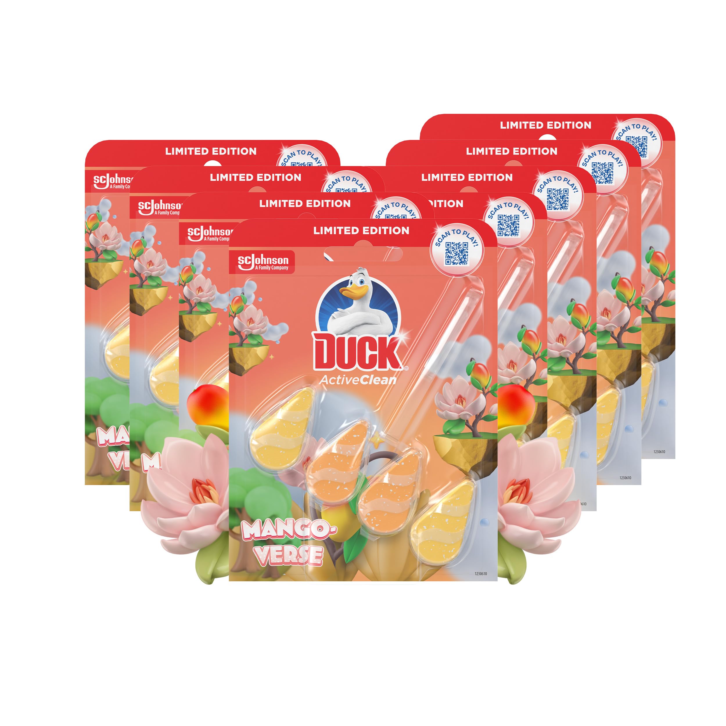 Duck Active Clean Toilet Rim Block, Foaming Toilet Bowl Cleaner, Long-lasting Fragrance, Mango Verse, Pack of 5 Duos (Total of 10 x 38.5g Rim Blocks)