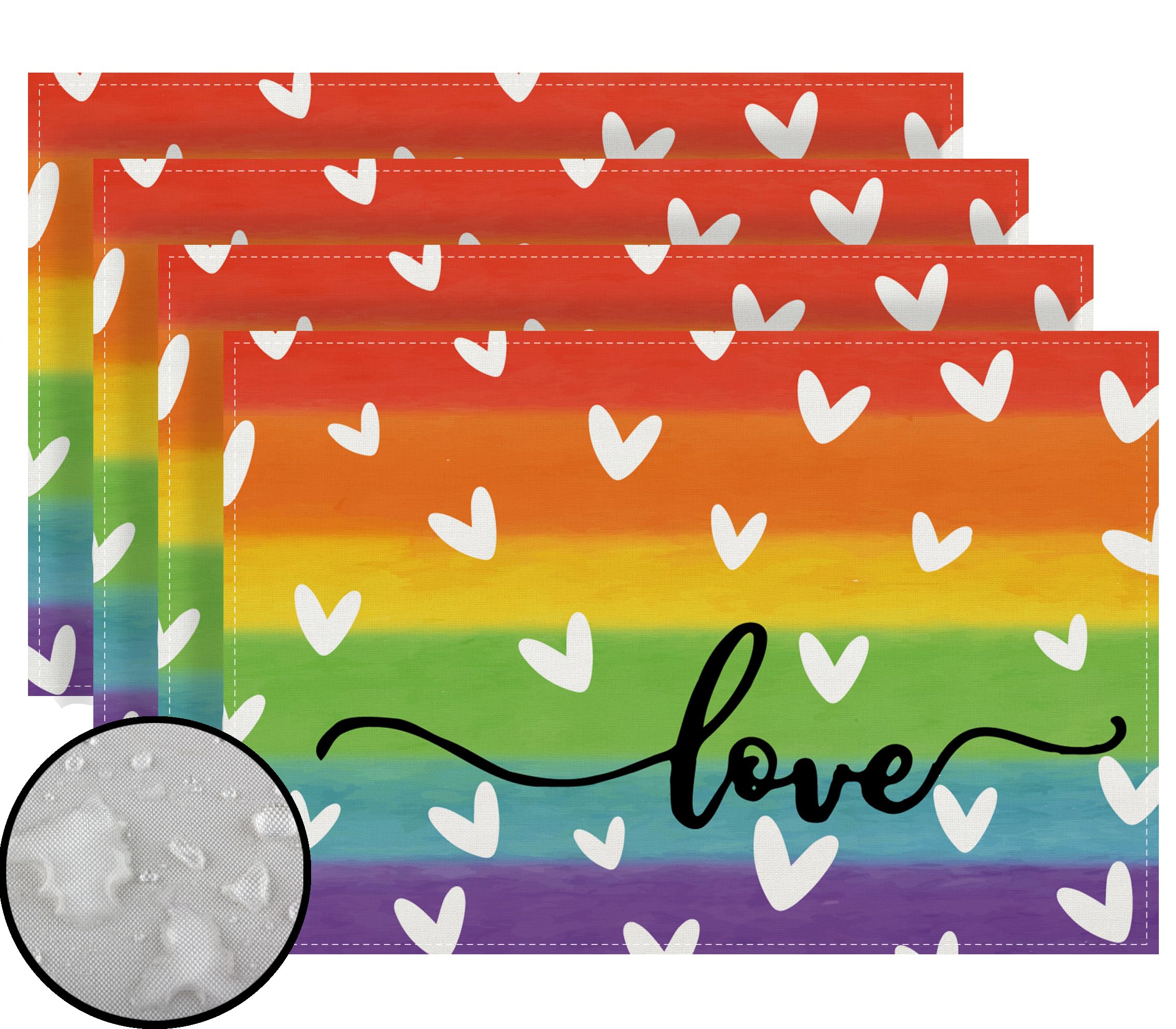 Pride Placemats Set of 4 Rainbow Love Table Mats Love is Love Pride Gay Lesbian Pansexual LGBT Holiday Decorations and Supplies for Home Kitchen Table-12×18''