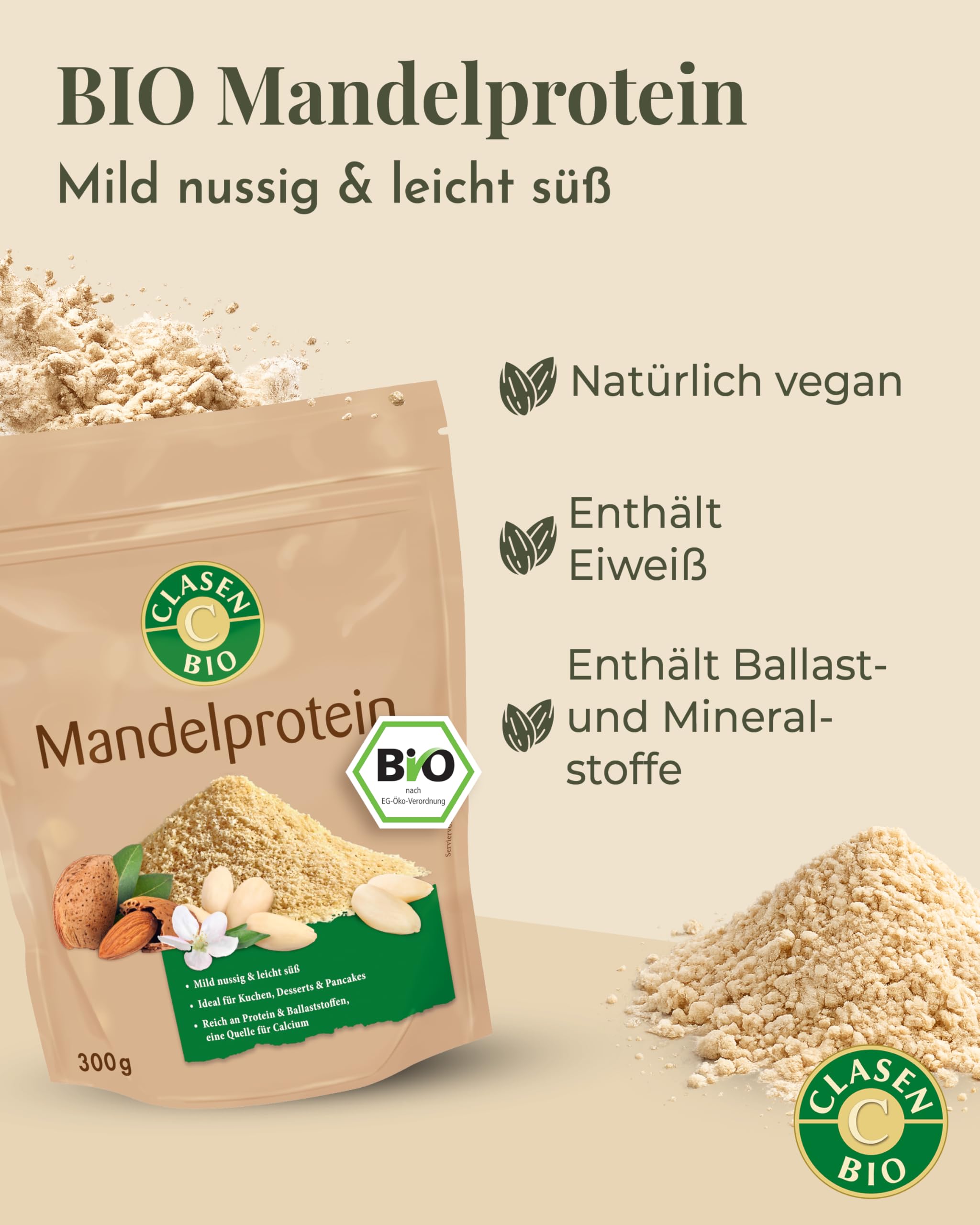 CLASEN BIO Mandelprotein 3x300g Bundle – Mandelmehl teilentölt mild nussig & leicht süß – Low Carb Almond Flour ideal für Kuchen, Desserts & Pancakes – Reich an Protein, Ballaststoffen, Calcium