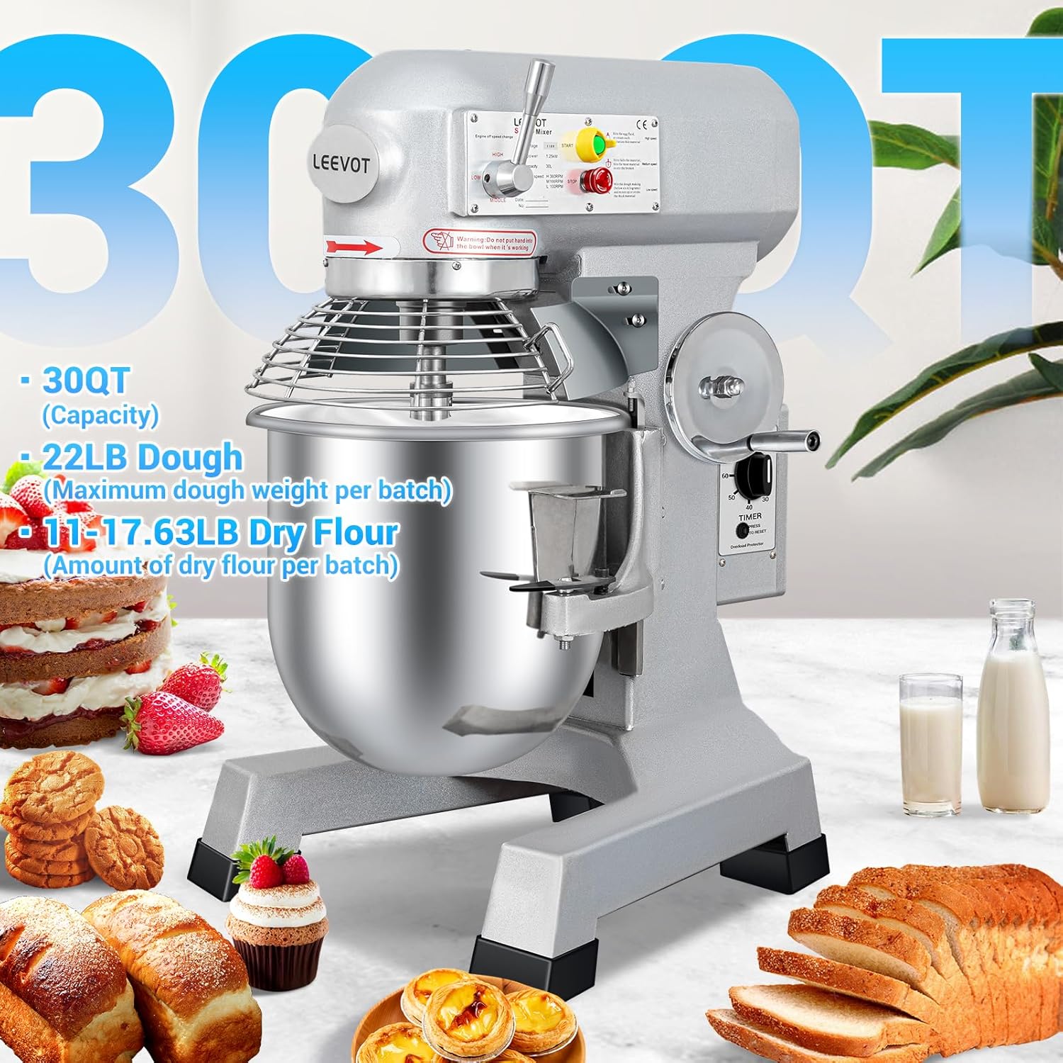 LEEVOT 30QT Commercial Food Mixer highlighting 30QT capacity, 22LB dough, and 11-17.63LB dry flour limits