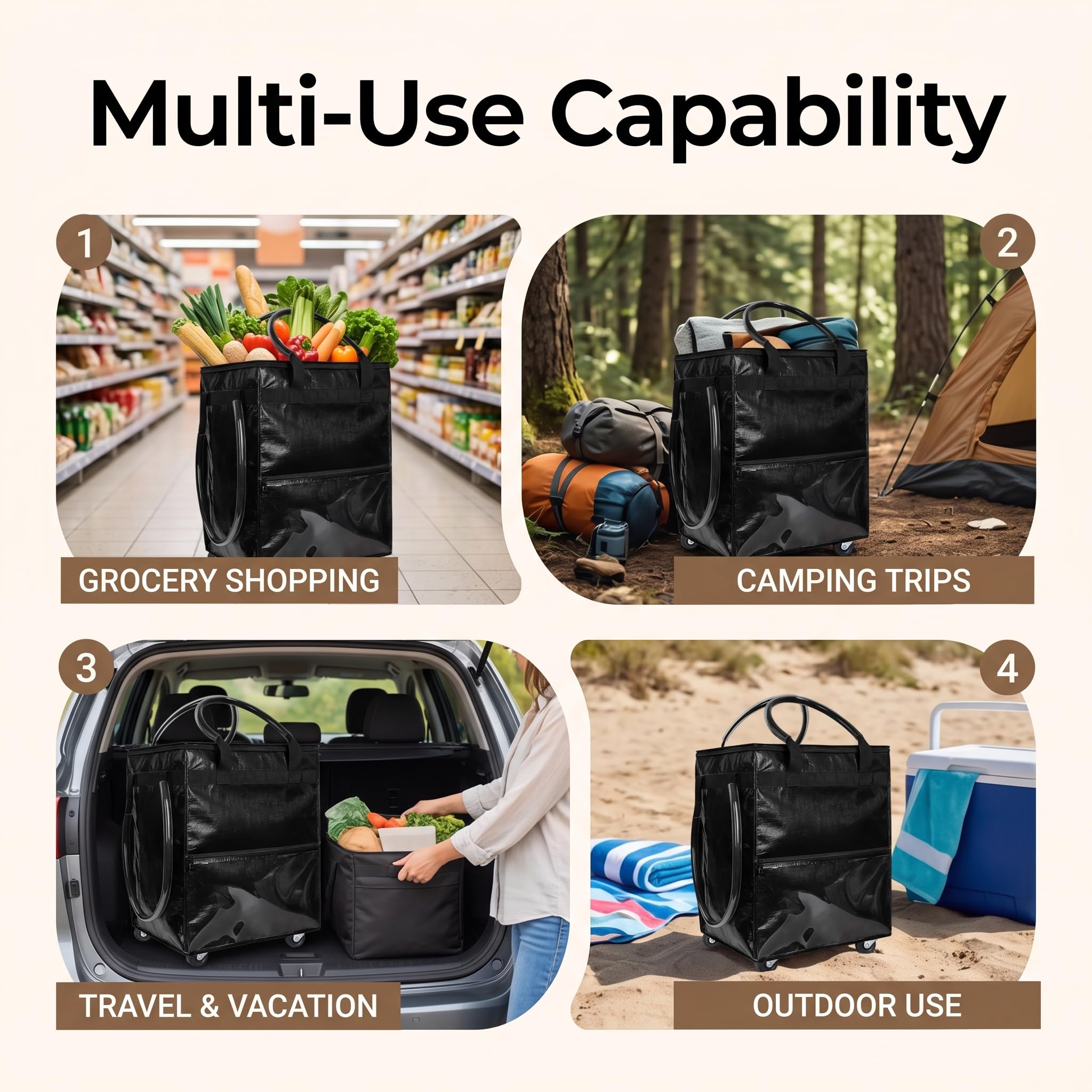 Einkaufs-Rolltasche, Schwarz, Großes Fassungsvermögen, Polyester, Wasserdicht, Wiederverwendbare Einkaufstasche mit Rollen, Griff für Camping, Reisen, Fitnessstudio (BLACK)