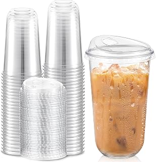 Baderke 50 Pcs Plastic Cups with Sip Lids Disposable Cups, 18 oz | Round Bottom Clear Design, For Iced Coffee Smoothie Cold Drinks, Strawless Crystal, Party Catering Restaurant Supplies