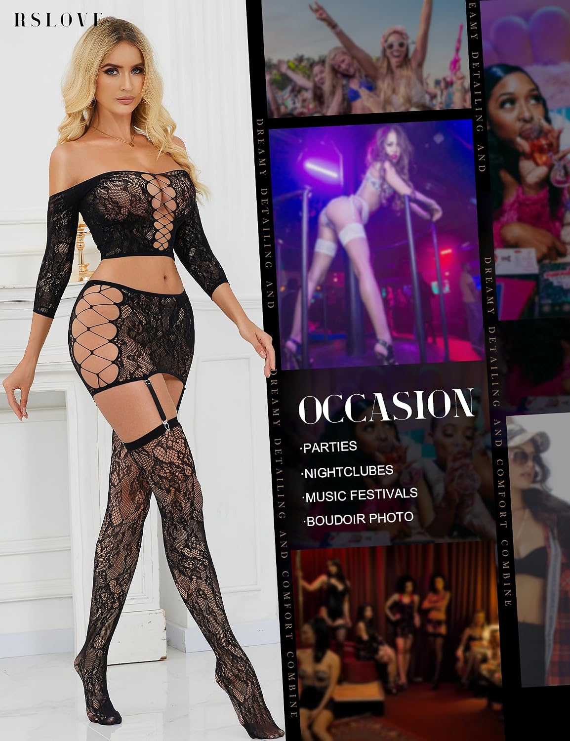 RSLOVE Lingerie Sets for Women Sexy - Fishnet BabyDoll Garter Mini Skirt Bodystocking Mesh Bodysuit Outfits Nightwear