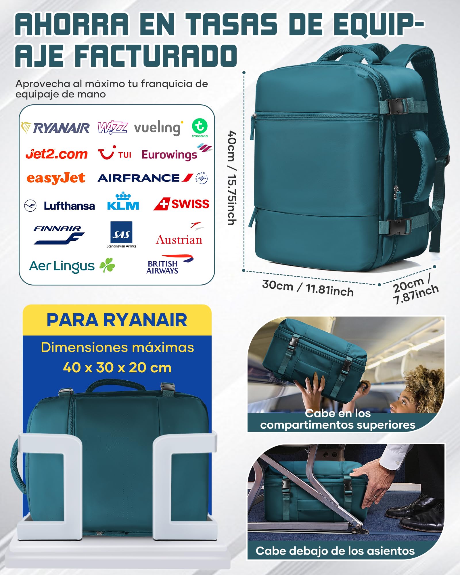 suradar Mochila Viaje Cabina Avion 40x30x20 para Ryanair, Wizz, Vueling Bolsa Viaje 40x30x20 Equipaje de Mano Mochila Portatil 15,6 Pulgadas Mochilas para Trabajo Colegio Hombre Mujer Azul Pavo Real