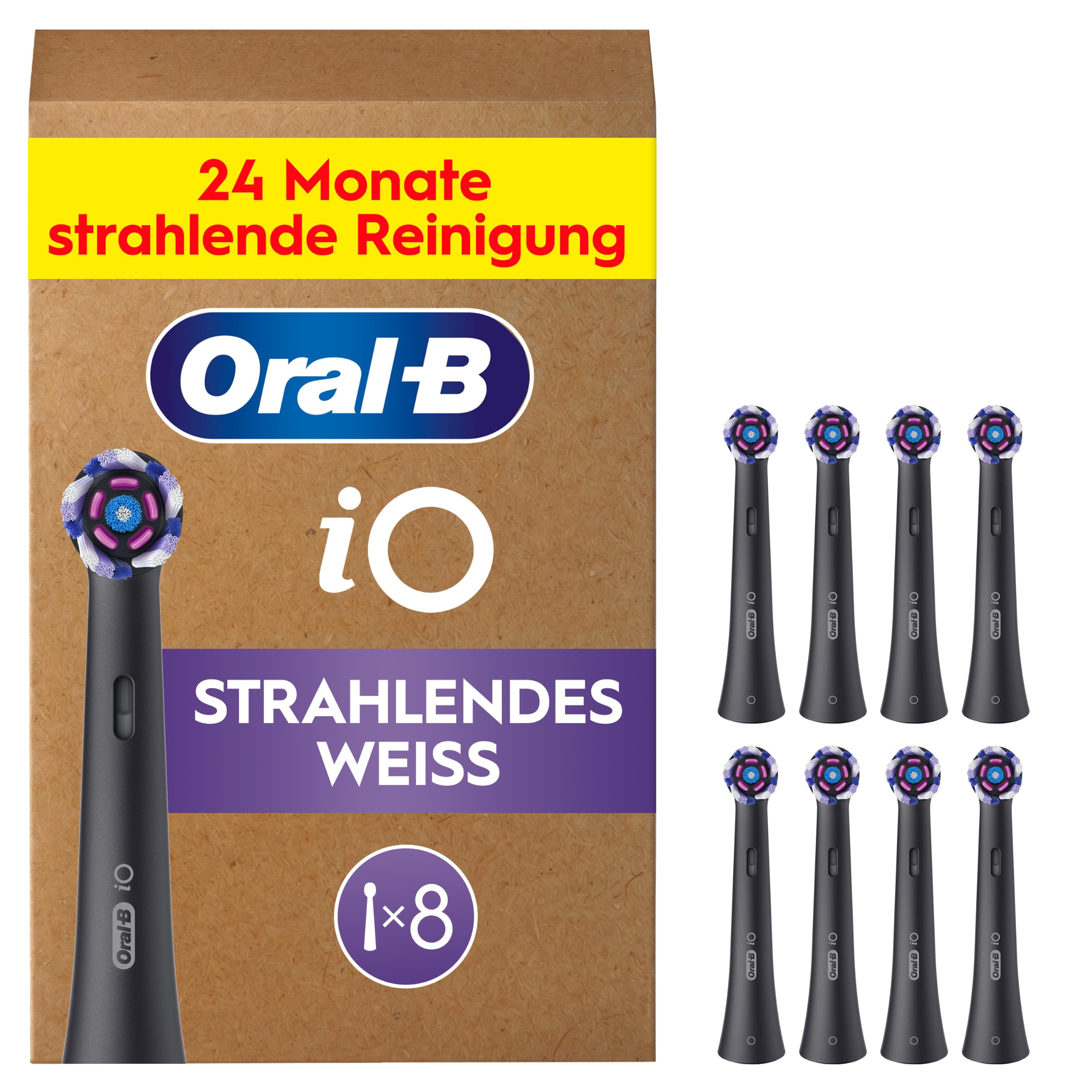 Oral-B iO Aufsteckbürsten Strahlendes Weiss, Schwarz, 8 Stück | Original Zahnbürstenaufsatz für Elektrische Zahnbürste, Aufhellende Zahnreinigung Für Weißere Zähne ab Tag 1