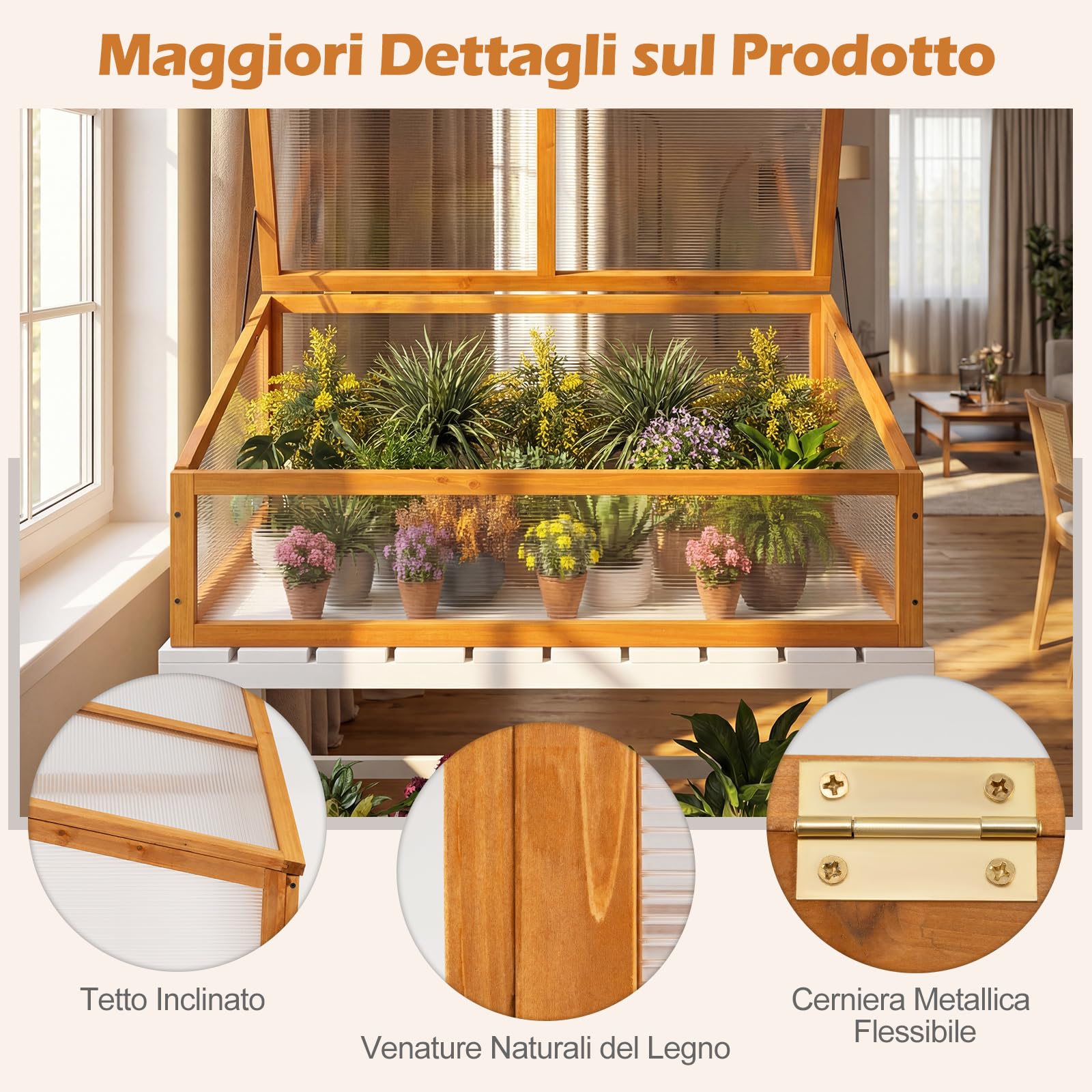 COSTWAY Serra in Legno, Mini Serra con Tetto Trasparente Apribile, Letto Rialzato da Interno ed Esterno per Balcone, Giardino e Veranda (Arancione)