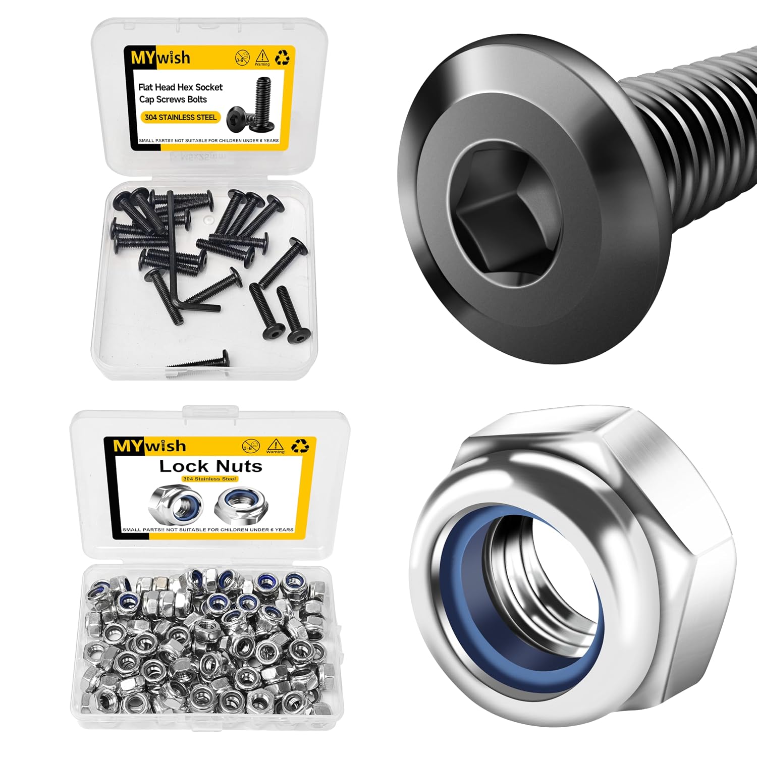 Mywish 20Pcs M8 x 25mm Flat Head Hex Socket Cap Screws & 100Pcs M8 Nylon Lock Nuts, Flat Head Hex Socket Cap Screws Bolts, Nylon Lock Nuts Inserted Hex Self Clinching Silver Bright Finish