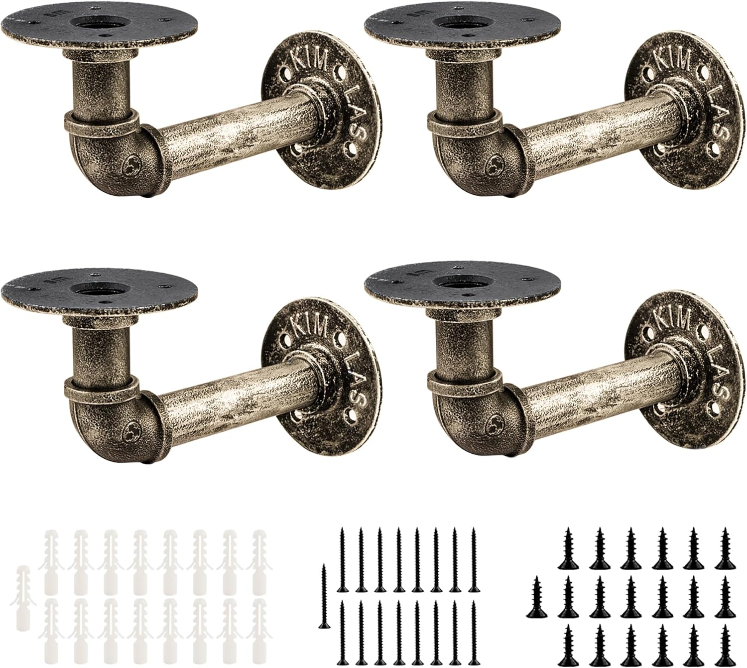 C CRYSTAL LEMON 4-Pack Industrial Pipe Shelf Brackets – Heavy-Duty Iron Wall Mount Brackets for DIY Wooden Shelves – Rustic Gold Finish, 66lbs Load Capacity