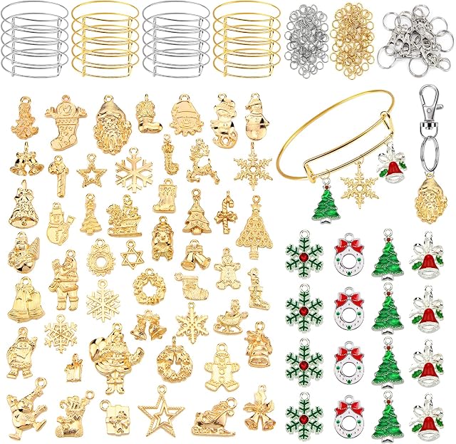 300 PCS Christmas Charms for Jewelry Making, Kalolary Christmas Gold Plated Enamel Pendants Mixed Metal Charms Assorted Pendants With Jump Ring Key Buckle Telescopic Bracelet for DIY Necklace Earring