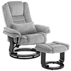 M MCombo sillón reclinable con función de inclinación, sillón de Lectura, Giratorio 360°, con reposapiés, cojín y Bolsillo Lateral, hasta 120 kg, para Sala de Estar, 9099 (Tela, Gris Claro)