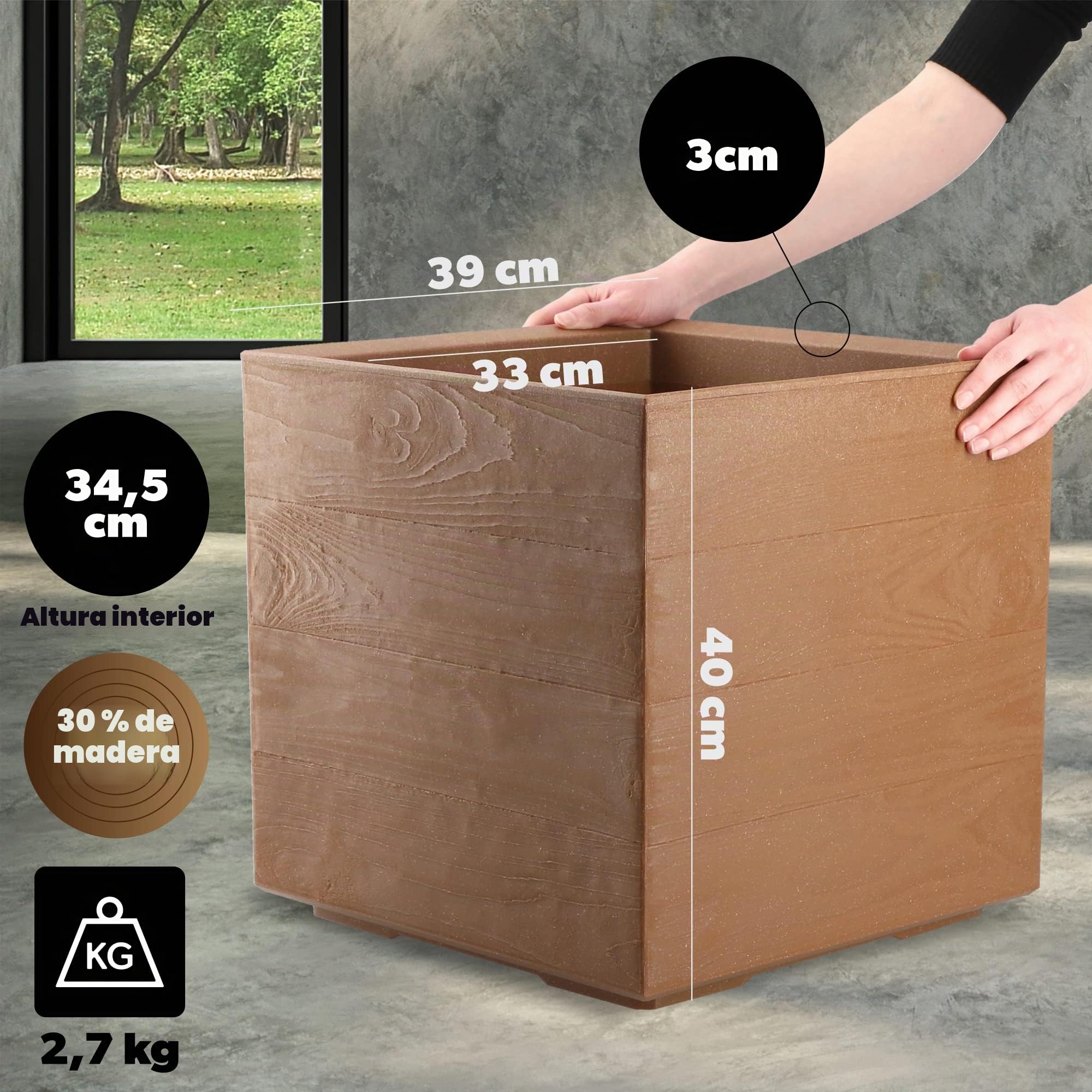 KADAX Maceta con ruedas, 39 x 40 cm, gran maceta de plástico con aspecto de madera, maceta cuadrada con inserto para interiores y exteriores (marrón)
