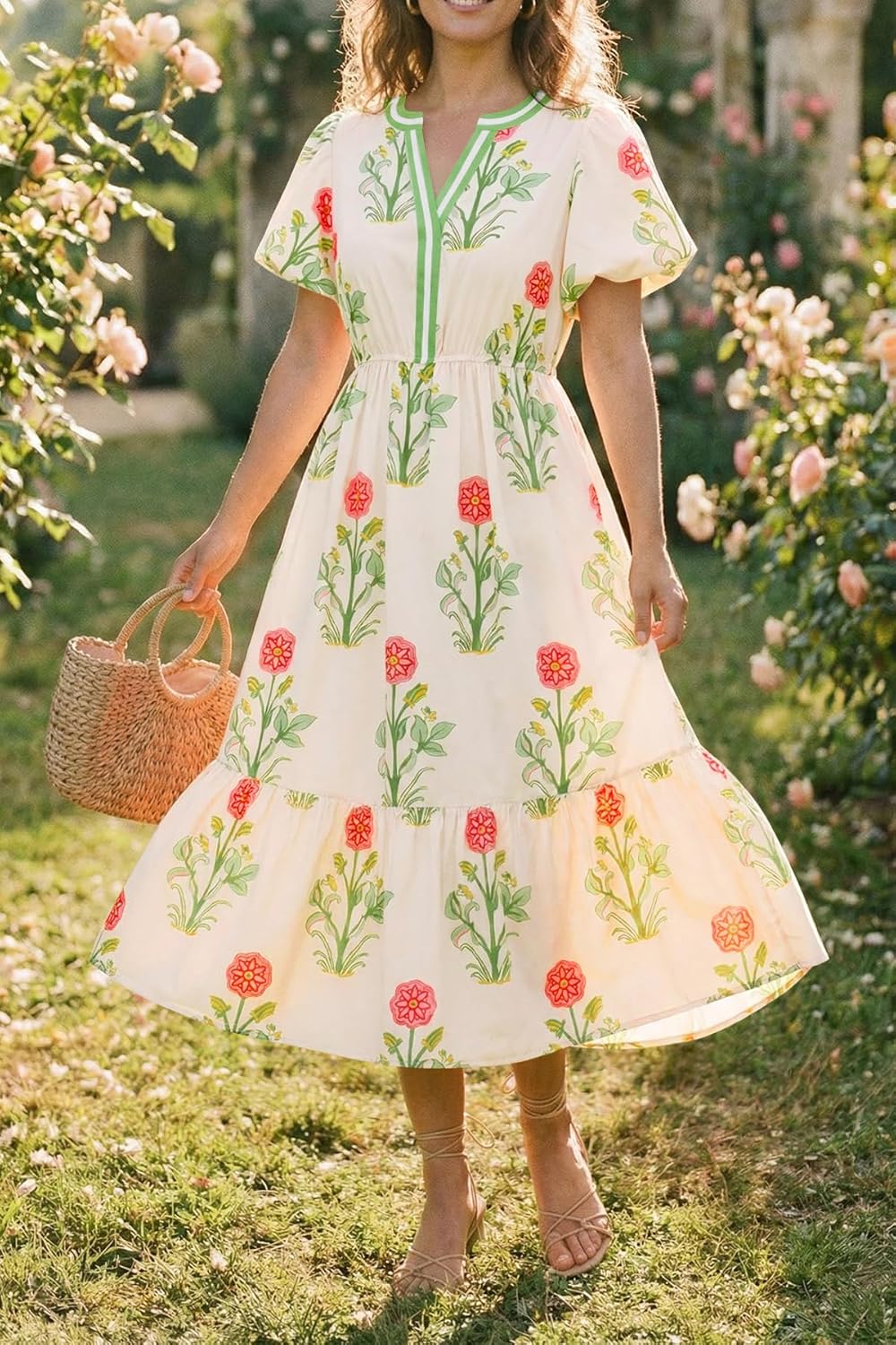 Cicy Bell Womens Summer Floral Print Maxi Dress A Line Puff Short Sleeve V Neck Boho Dresses Flowy Beach Vacation Outfits
