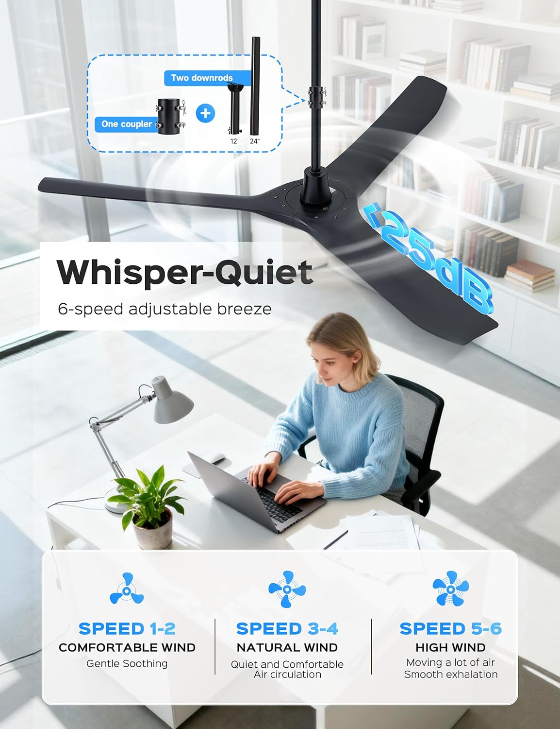 60 Inch Ultra-thin Ceiling Fan Without Lights, Whole Aluminum DC Motor and Blades,6 Speed Adjustable Black Indoor Outdoor Ceiling Fan for Patios and Bedroom