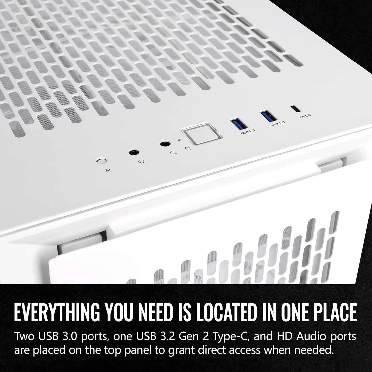 Close-up view of the top-mounted I/O ports on the Thermaltake CTE T500 chassis