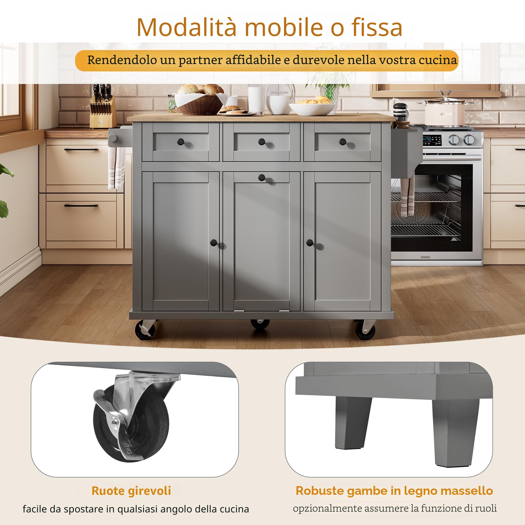 Isola cucina con ruote, zona pranzo estraibile, pattumiere e cassetti, mobile, ideale per cucina e sala da pranzo (grigio)
