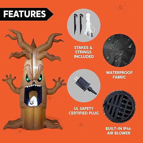 Miniatura 5 de Joiedomi Árbol inflable de Halloween de 7 pies de alto con fantasma animado, inflables con LED integrados para Halloween, patio, jardín, fiesta,
