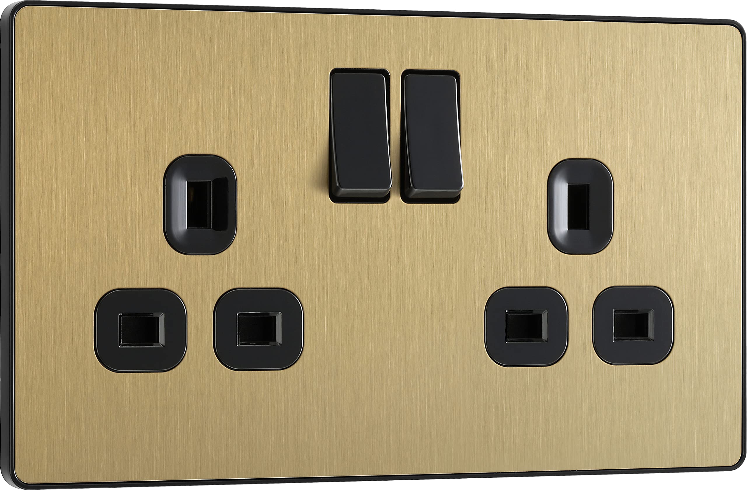 British General Satin Brass Bg Electrical Double Switched Power Plug Wall Socket, Screwless, Evolve, 13A, Pcdsb22b