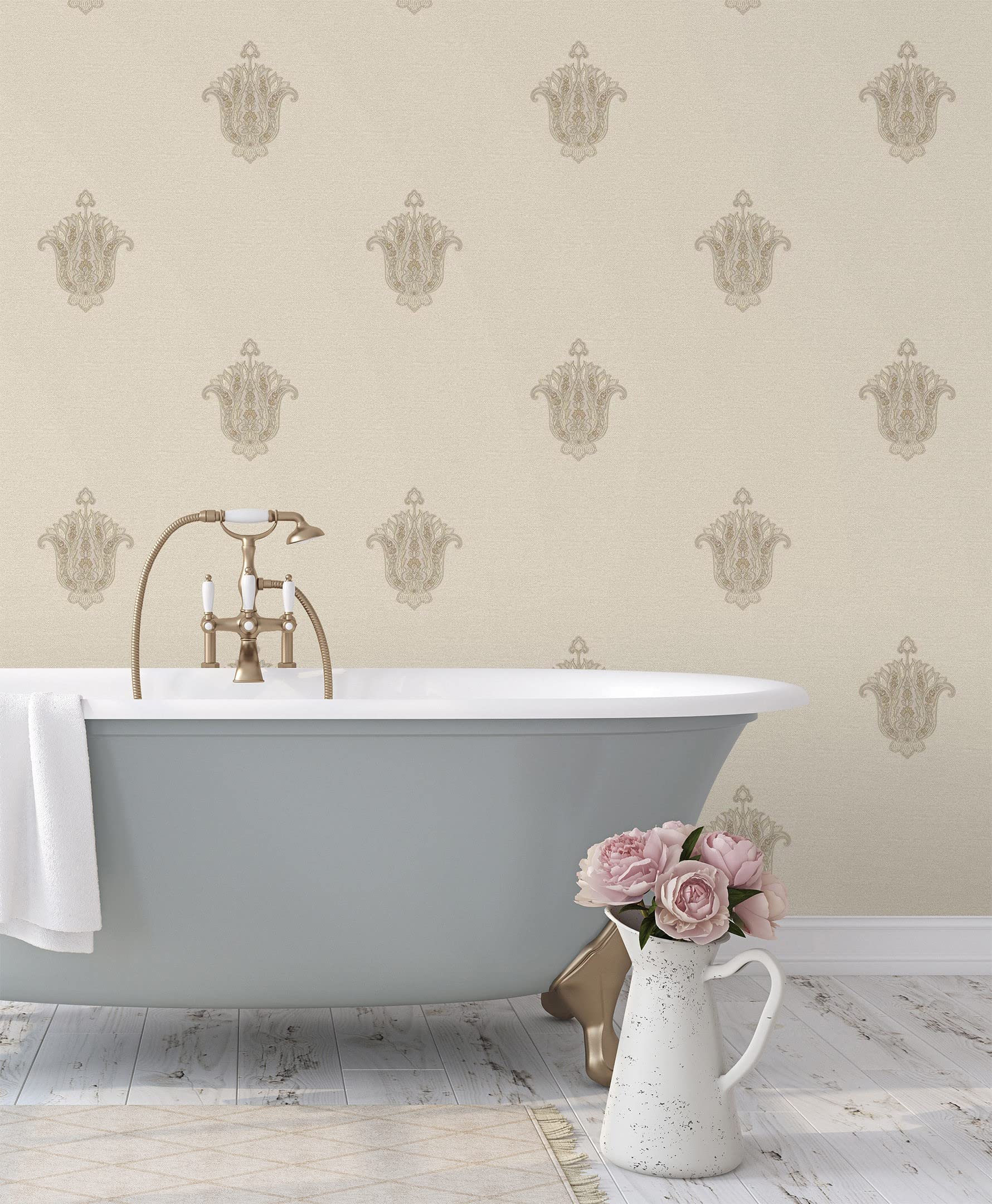 GAULAN 676421 - Papel pintado vinílico flor hindú con efecto textura de tela tejida en relieve para pared salón cocina baño dormitorio mueble - Rollo de 10 m x 1,06 m