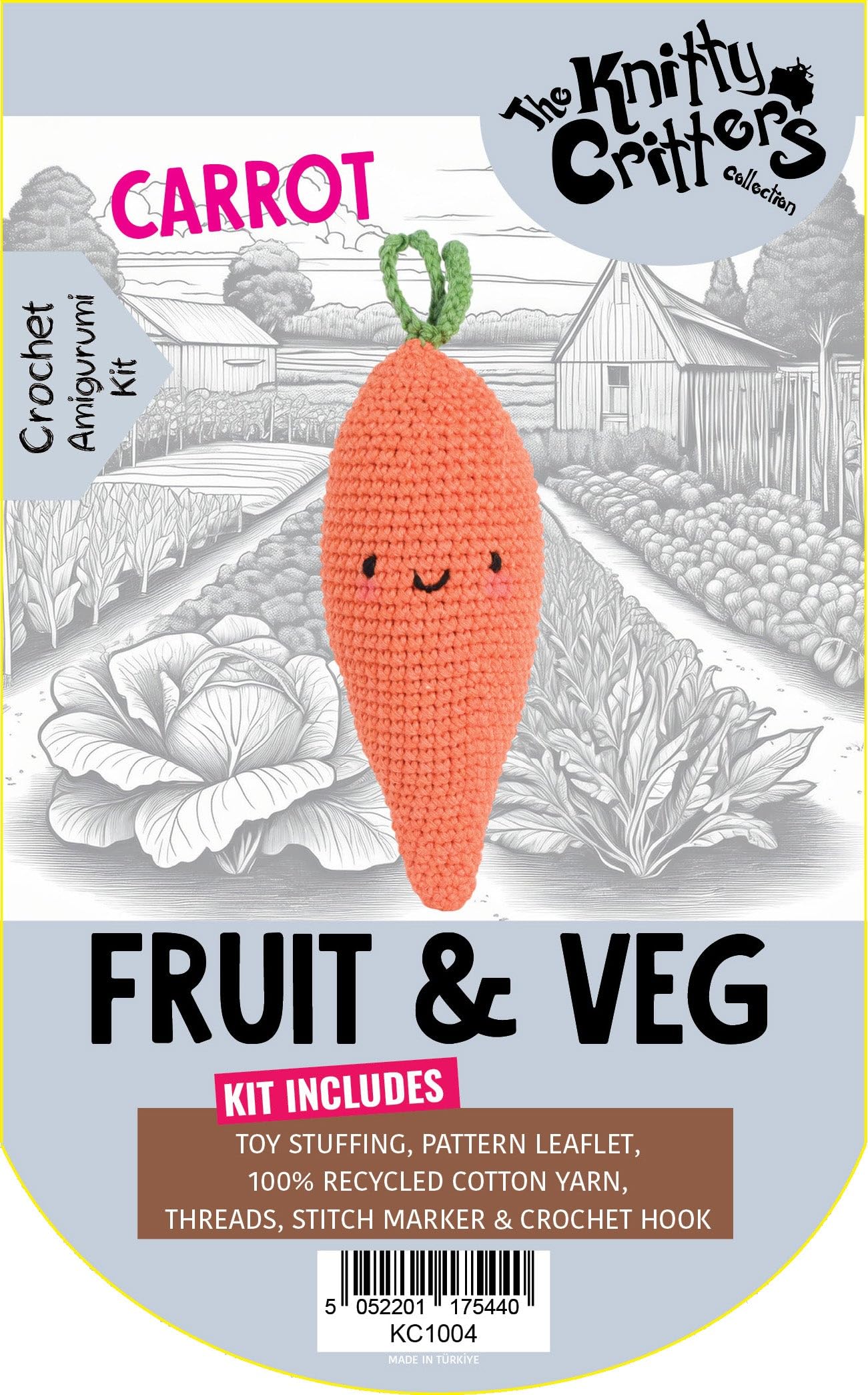 KNITTY CRITTERS – Fruit and Veg Crochet Kit – Carrot| Beginner-Friendly Crochet Craft Kit with Recycled Yarn