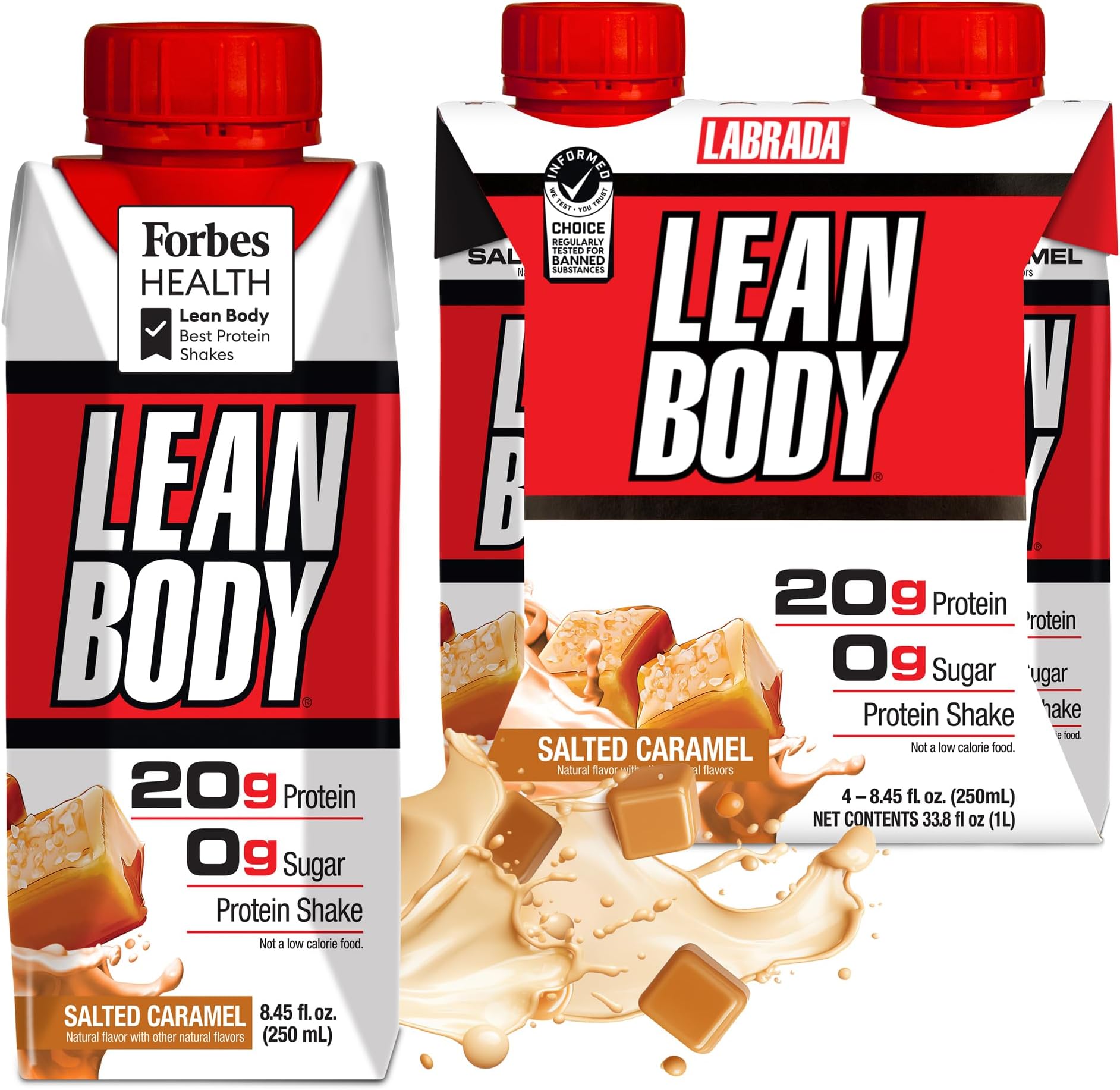 Nutrition Lean Body Ready to Drink Protein Shake (Pack of 4, Salted Caramel, Meal Replacement Shake, Men & Women, 20 Grams of Protein) Zero Sugar, Lactose & Gluten Free