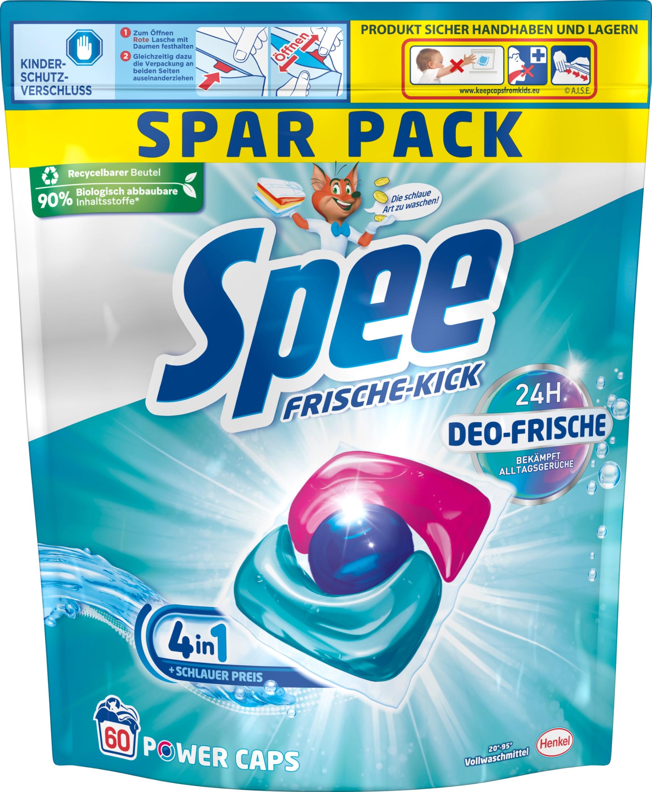 SPEE Power Caps 2x60 (120) WL Frische Kick 24H Deo-Frische Spar Pack, vordosiertes Vollwaschmittel & WC FRISCH Spa Momente Harmonie (1x 50g), langanhaltendes Dufterlebnis