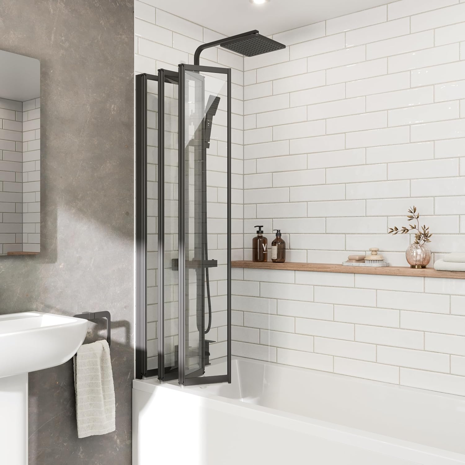 5 Panel 1200 x 1400mm Black Over Bath Shower Screen Folding Hinged Door Glass Panels & Screens for Baths, 4mm Toughened Safety Glass, 180° Pivot Swing, Reversible