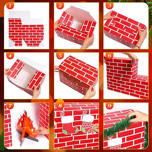 Miniatura 4 de 34 chimeneas de cartón de ladrillo rojo artificial 3D de 39 x 59 pulgadas, chimenea de Navidad con media llama de fuego 3D, guirnalda de pino de