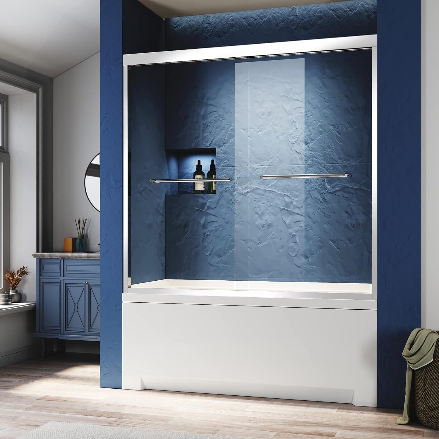 Sliding Glass Tub Door, Chrome, Semi-Frameless, Contemporary, 56-60 in W x 62 in H, 6mm Tempered Glass, Double Bathtub Door, Stainless Steel Handles, Professional Installation Recommended