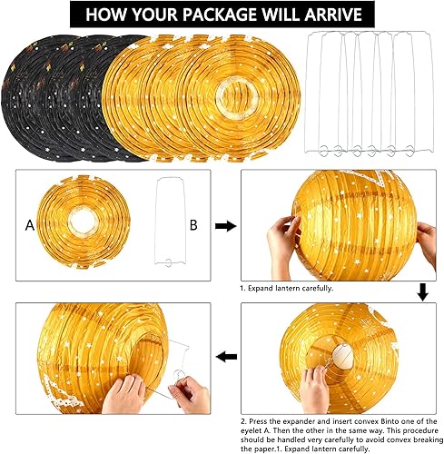 Miniatura 2 de Blulu 6 piezas de decoración de fiesta de cumpleaños, faroles de papel colgantes negro dorado brillante decoración de aniversario para hombres,