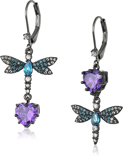 Betsey Johnson Aretes Colgantes Dobles Desiguales de CZ y Mariposa
