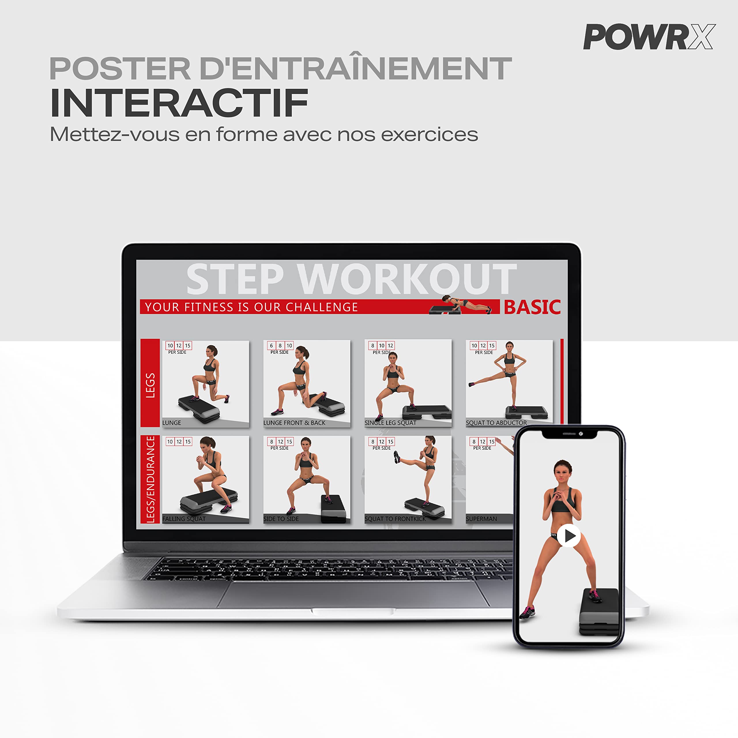 POWRX Step Aerobic (68 x 28,5 cm) - Stepper de Fitness idéal pour Les Exercices à Domicile - Hauteur réglable et Surface antidérapante (Noir/Rouge)