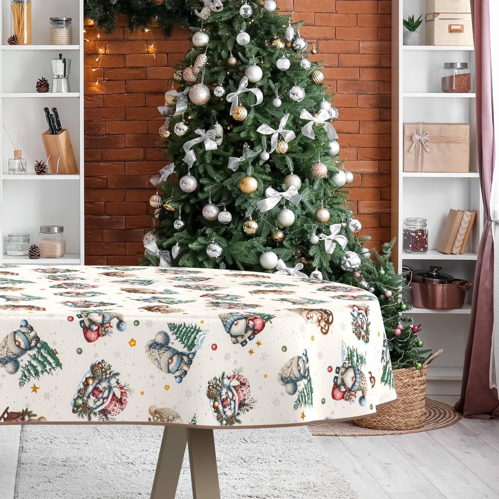Mantel de Navidad, lavable, impermeable, antimanchas, mantel de algodón, poliéster, Papá Noel, ovalado, 280 x 140 cm, para interior y exterior