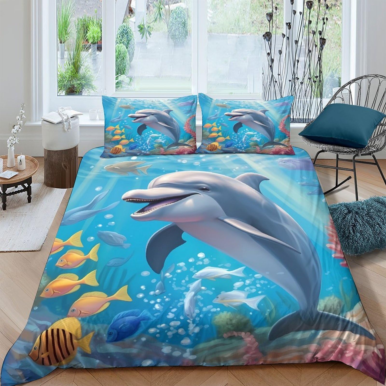 Ctjqhvkz Style-4 3D Printed Dolphin Ocean Fitted Sheet Microfiber Soft Blue Sea Fish Mattress Cover For Bedroom Guest Room Decor Single（135X200cm）