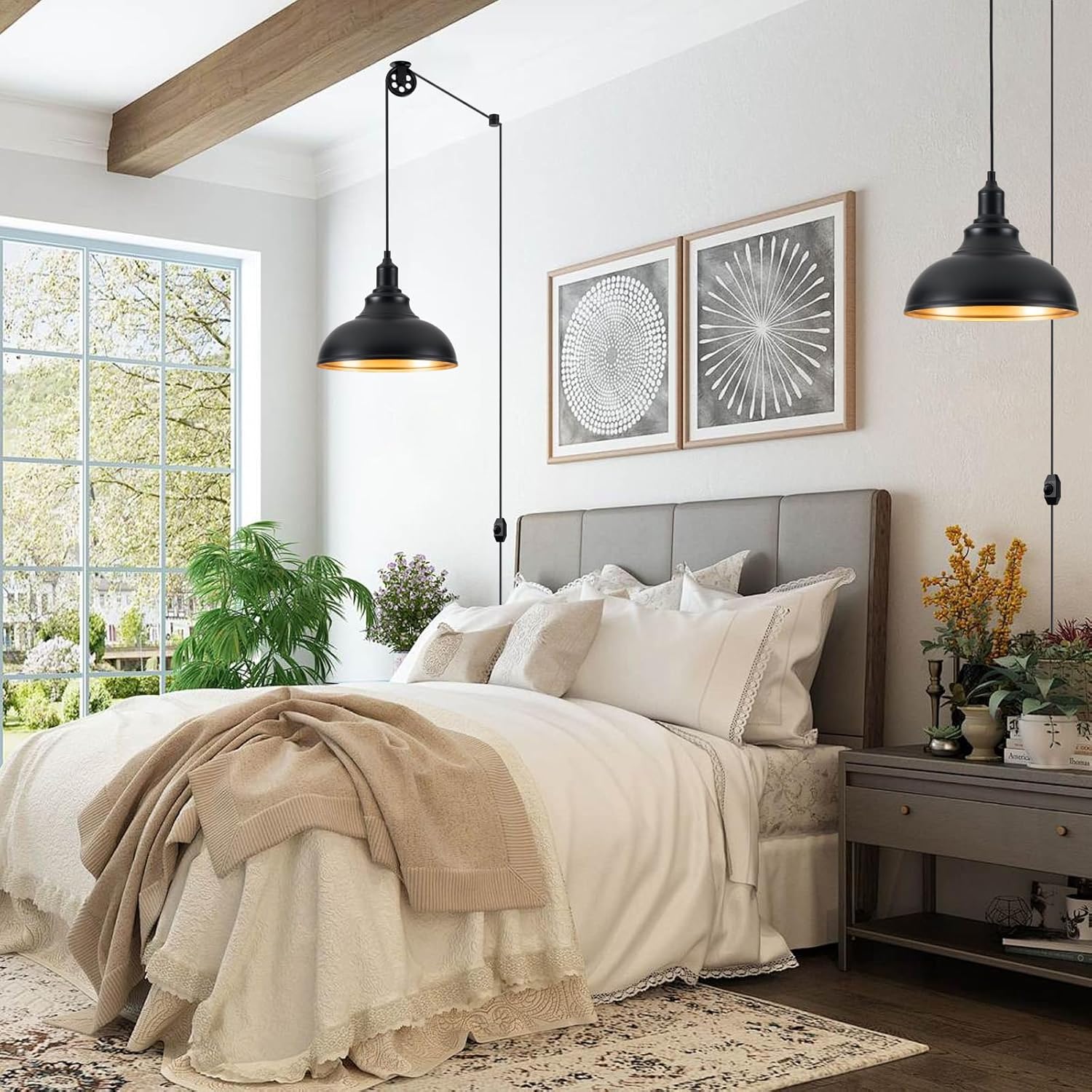 Black Pendant Light Hanging Lamps for Living Room Plug in 15FT Dimmable Switch Adjustable Pulley Hanging Lights with Cord for Kitchen Bedroom 2 Pack