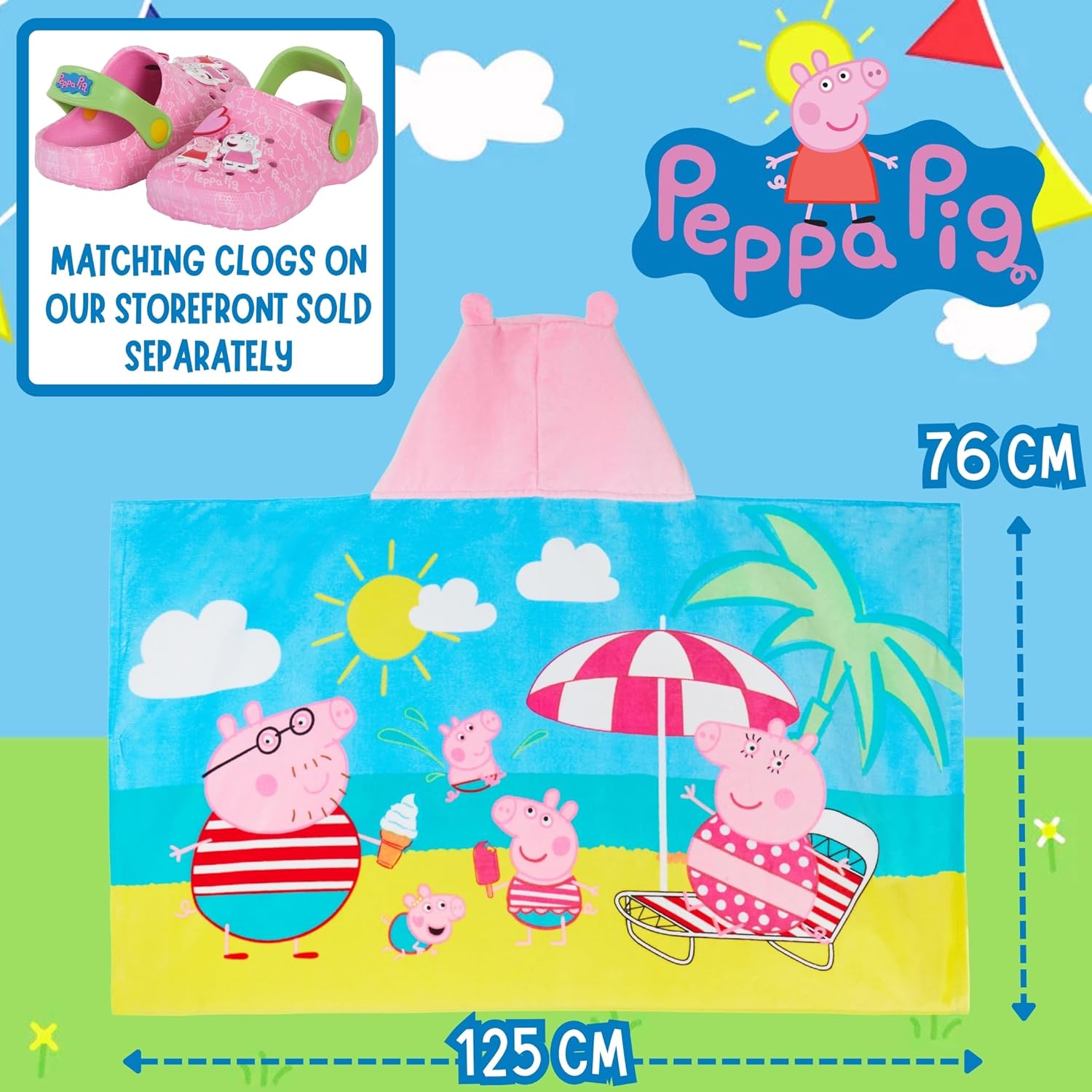 Peppa Pig Hooded Towel Girls 100% Cotton Poncho Peppa Family + Baby Evie Kids Beach Bath Towel Swimming Wrap