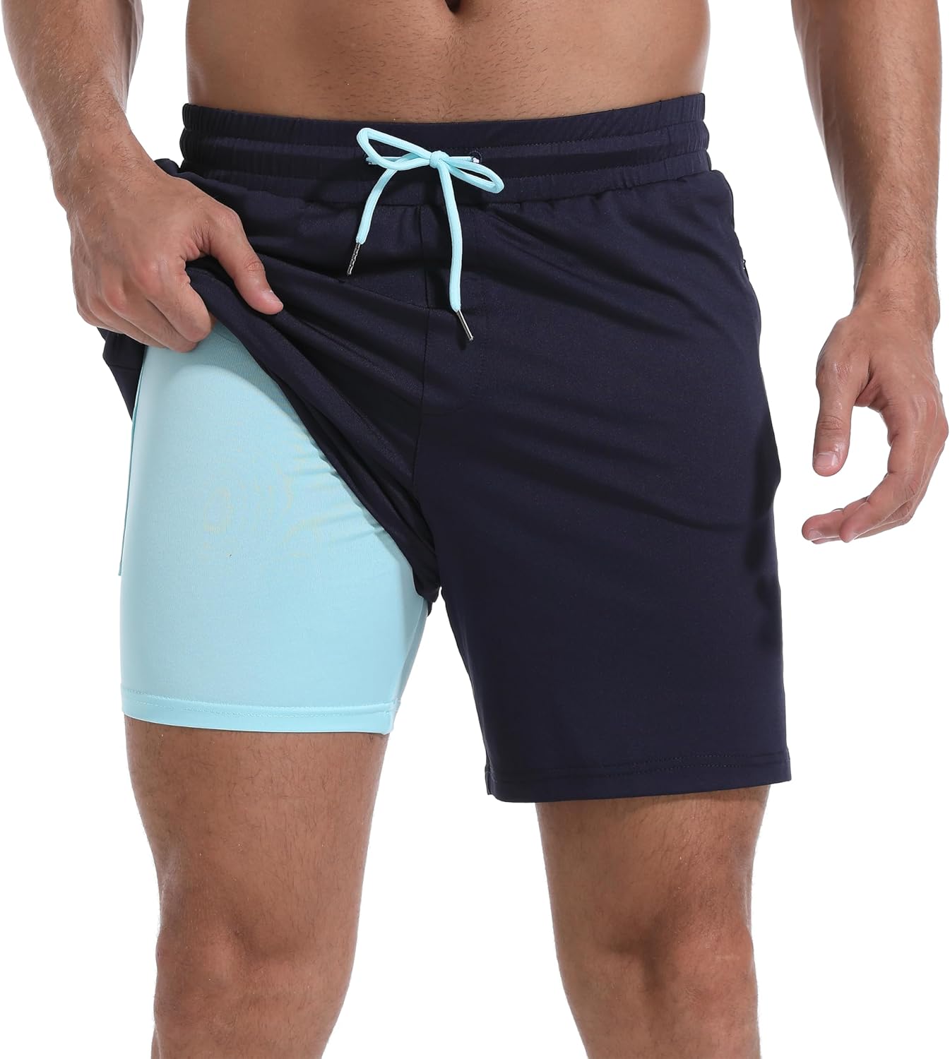 FT FENTENG Mens Swim Trunks with Compression Liner 7" Board Shorts with Zipper Pockets 2 in 1 Quick Dry Bathing Suits