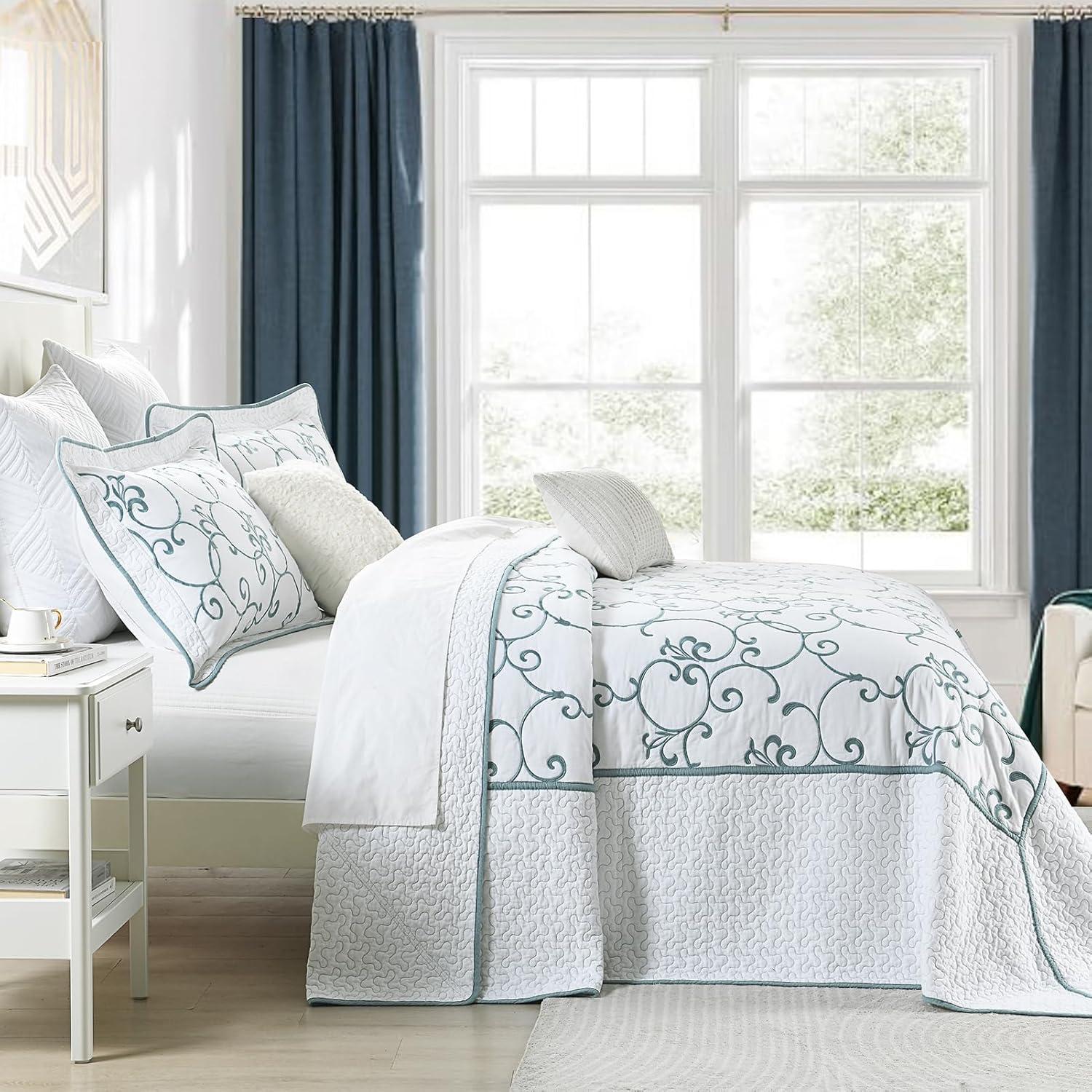 Oversized King Bedspread 128"x120" - 100% Cotton California King Quilt, Embroidered Bedspread Coverlet with Pillow Shams, Lightweight Quilted Bedding Set 3 Piece, Aqua Blue/White - Image 3