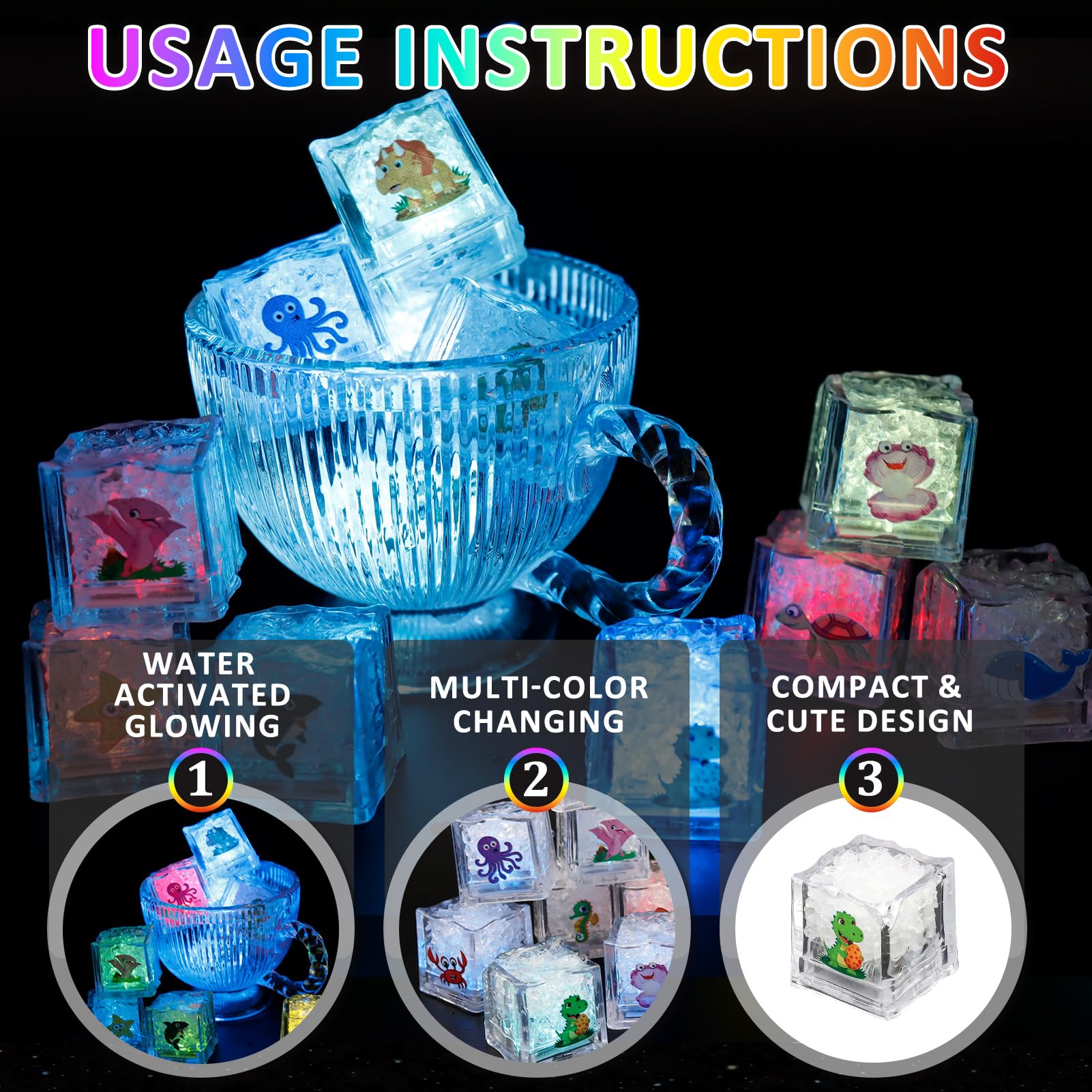 Cuackamily 12 Cubos De Hielo LED Para Bañera – Juguetes De Baño Luminosos Con Sensor De Agua, Para Niños De 1 A 7 Años