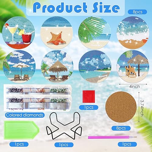 Miniatura 2 de clothmile 8 piezas de posavasos de diamantes estilo playa con soporte DIY kits de arte de diamantes de verano para principiantes, adultos, niños,