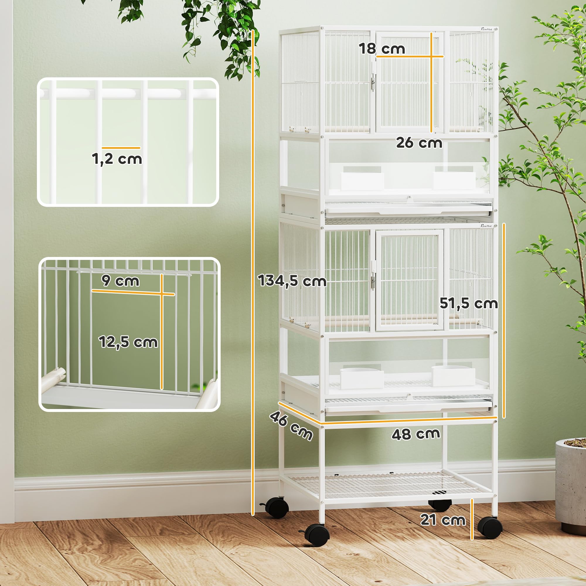 Pawhut Jaula para Pájaros Jaula Grande de 2 Niveles con Ruedas Paneles Acrílicos Comederos Perchas Estante Bandejas Extraíbles Pajarera para Loros Canarios 48x46x134,5 cm Blanco