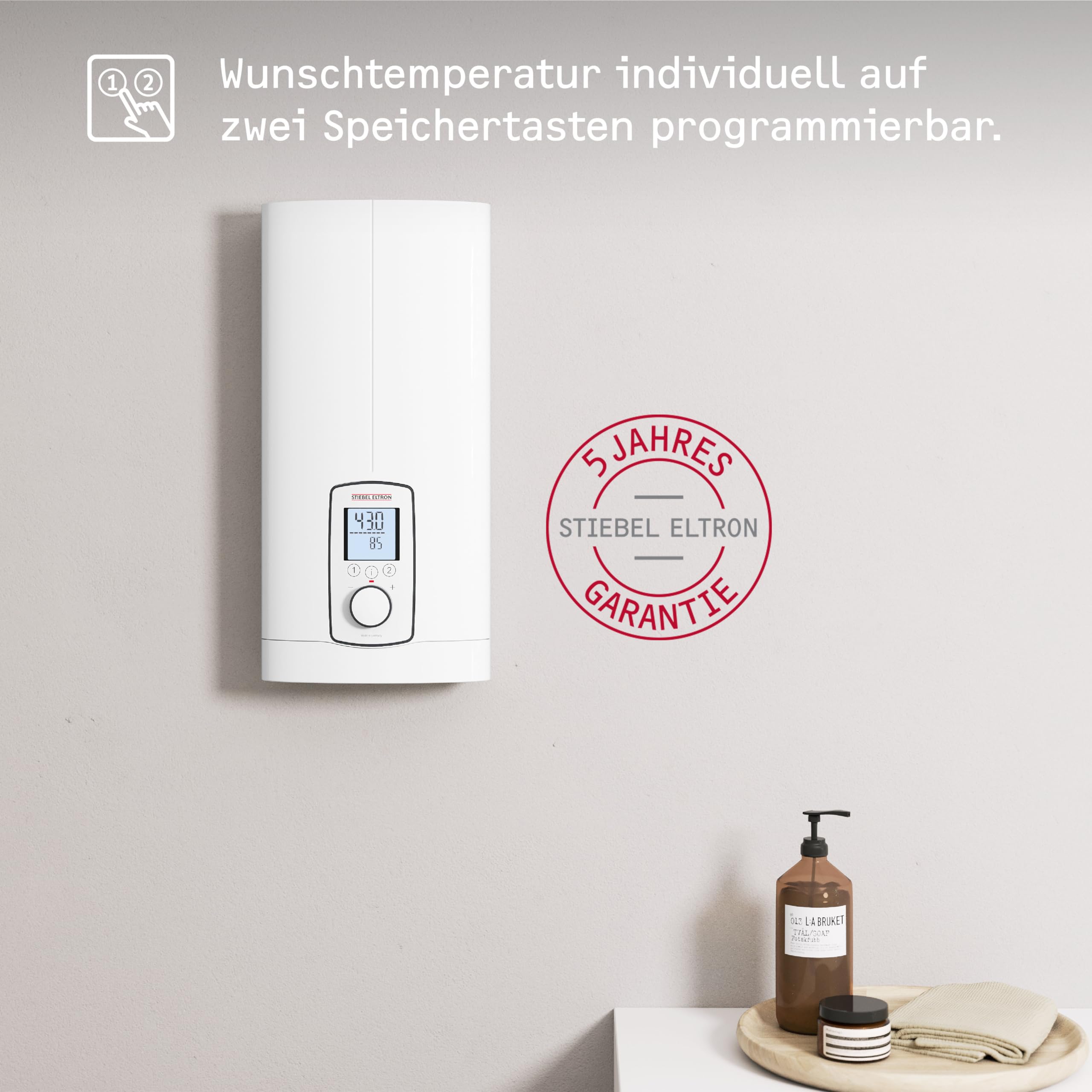 STIEBEL ELTRON Vollelektronischer Durchlauferhitzer DHE 18/21/24 kW, immer gradgenaue Wunschtemperatur, ECO-Modus, Multifunktionsdisplay, 2 Memory Tasten, Wellness-Programme, 202656