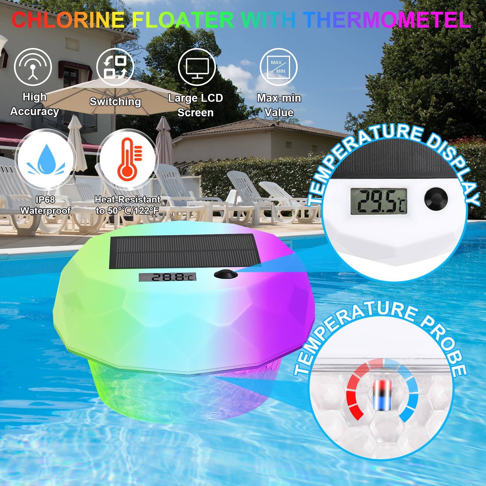 Luci Solari per Piscina con Termometro Digitale,Luci Galleggiante per Piscina Galleggianti Cambia Colore RGB con Telecomando Impermeabile IP68 per All'aperto Piscina Spa Festa Giardino