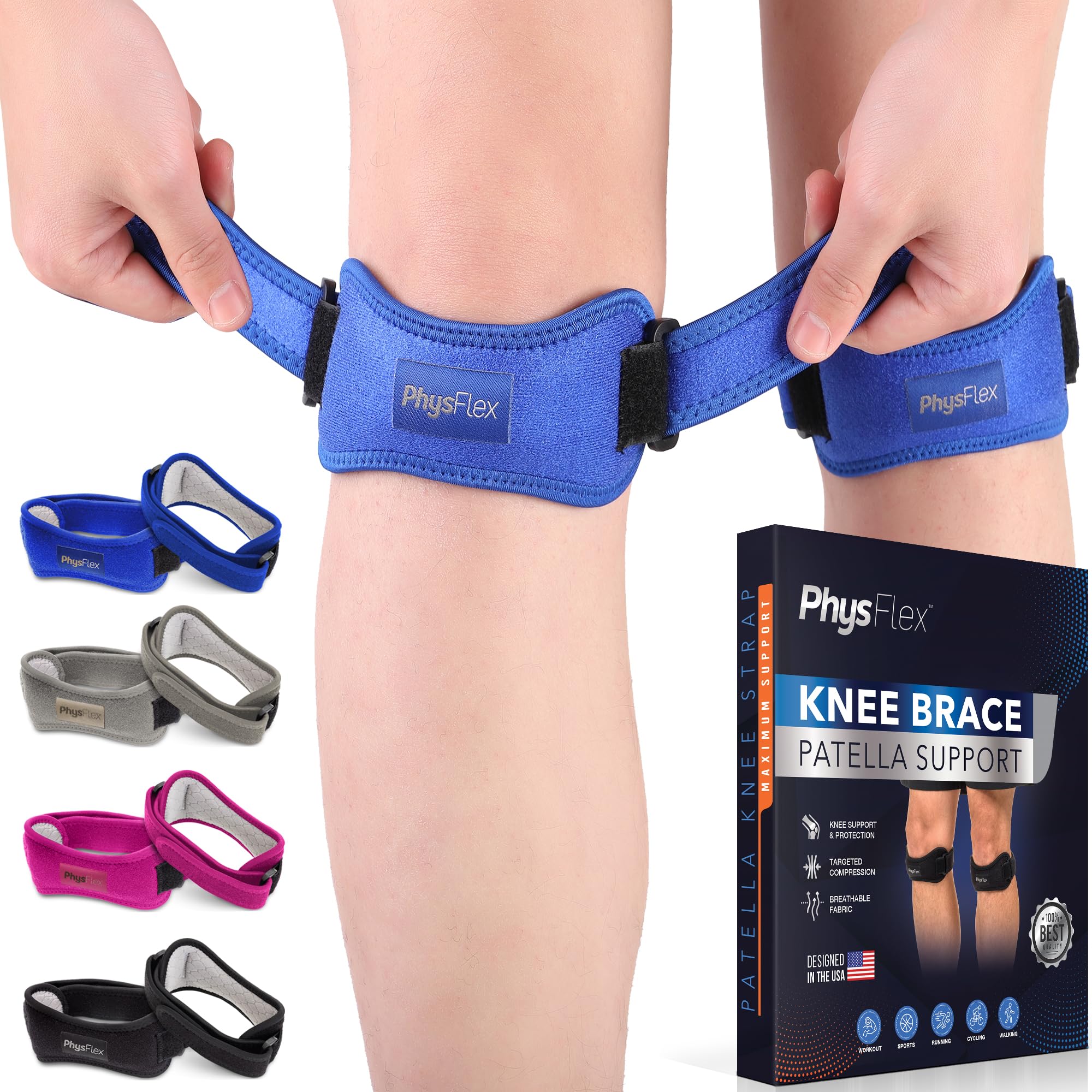 Patella Knee Brace 2 Pack - Knee Support and Pain Relief, Running, Hiking, Basketball, Jumpers Knee, Tendonitis, Adjustable Strap Patellar Tendon Stabilizer (Blue)