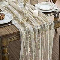 Artoid Mode Beige Gold Glitter Gauze Table Runner 120 Inch - Sheer Metallic Foil for Wedding Holiday Party Table Decor