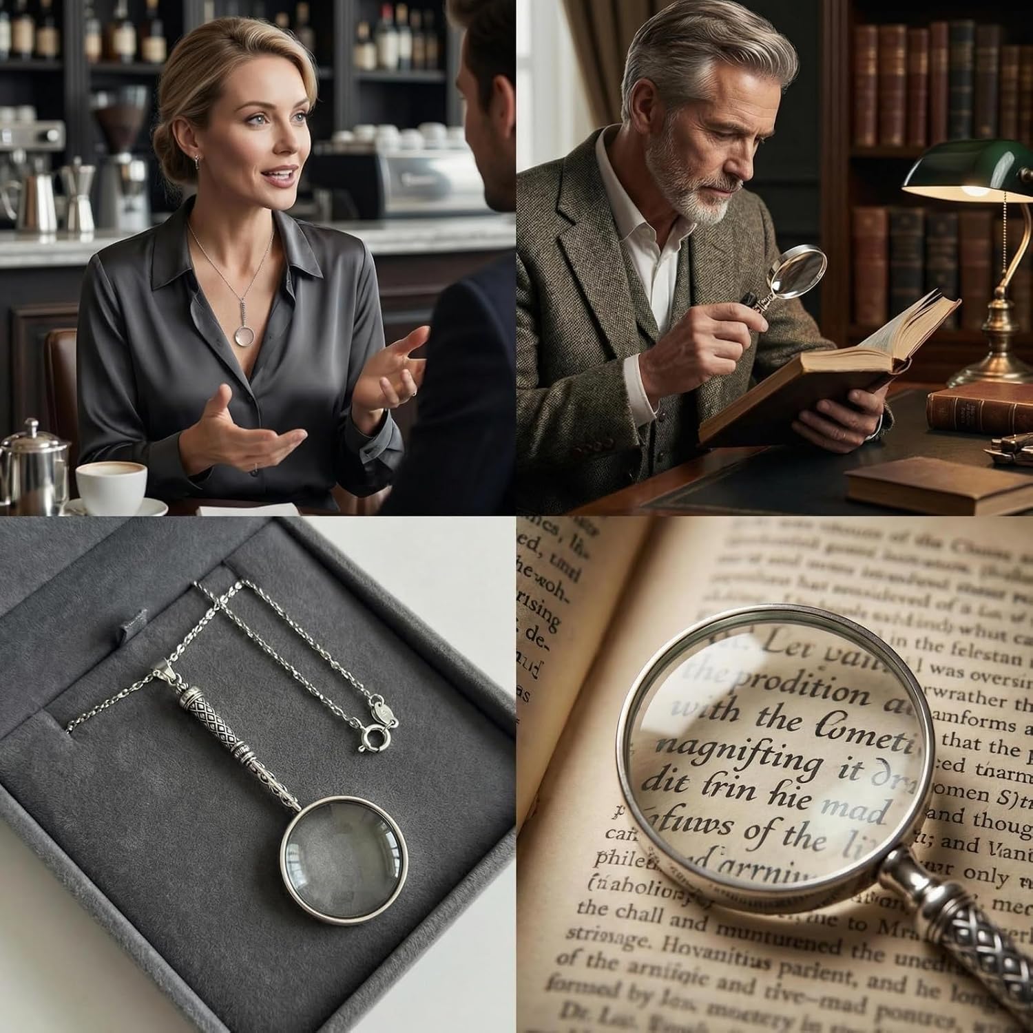 Vintage 925 Sterling Silver Magnifying Glass Necklace - 10X Loupe Monocle Necklace Pendant Reading Magnifier Lens (Retro)