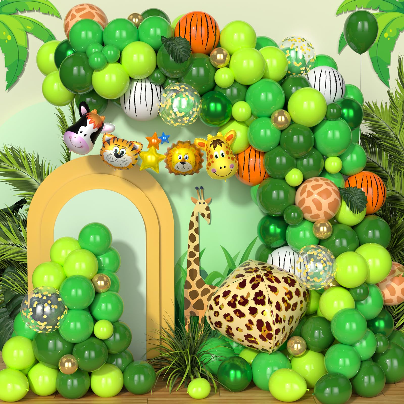 Ousuga Balloon Arch Kit 123Pcs, Garland Kit Metallic Gold Confetti Balloons With 4D Leopard Print And Animal Striped Latex Balloon For Boy Birthday Deco, Green Gold