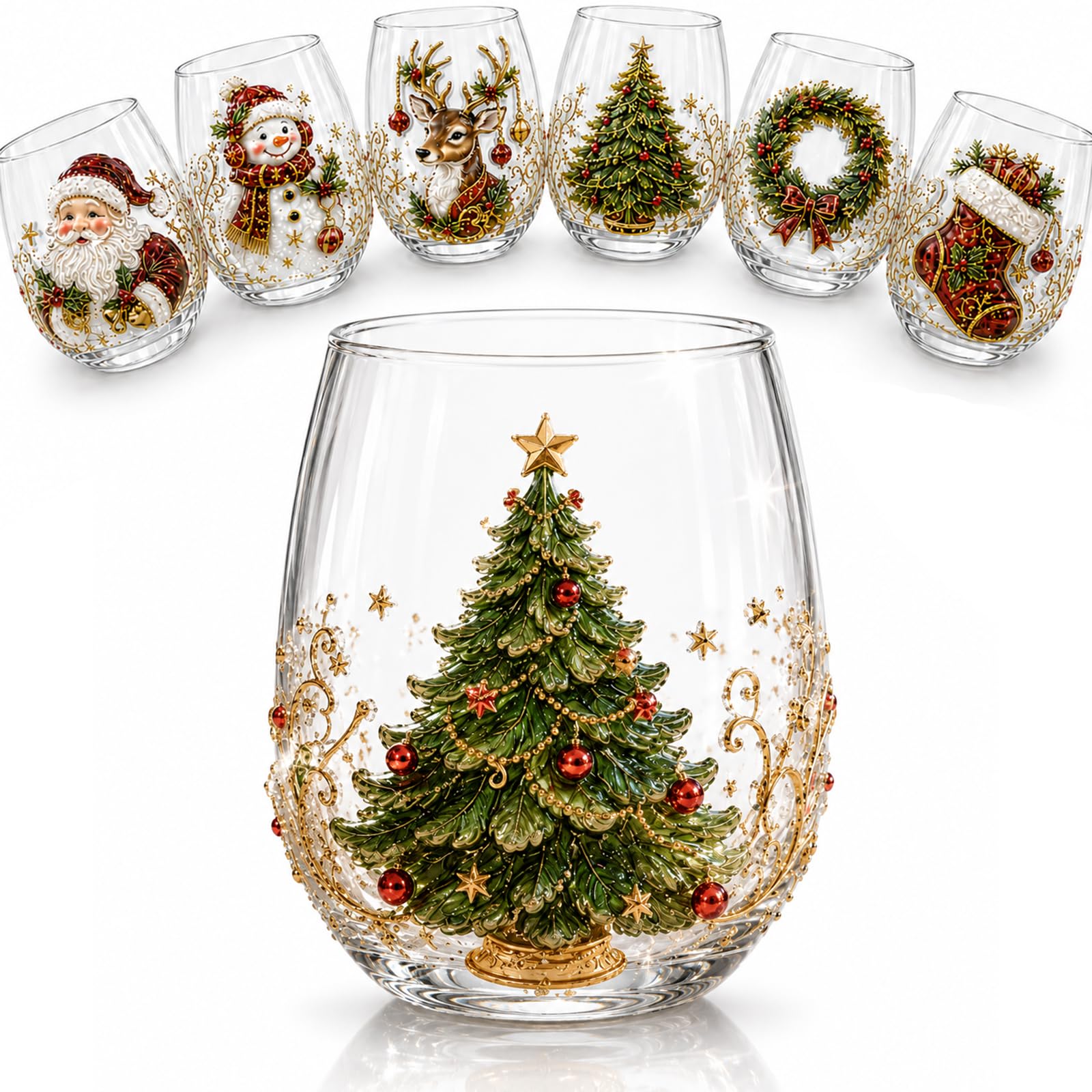 3D Christmas Glass Art Cup 3D Xmas Drinking Glass Cup Collection (Tree)