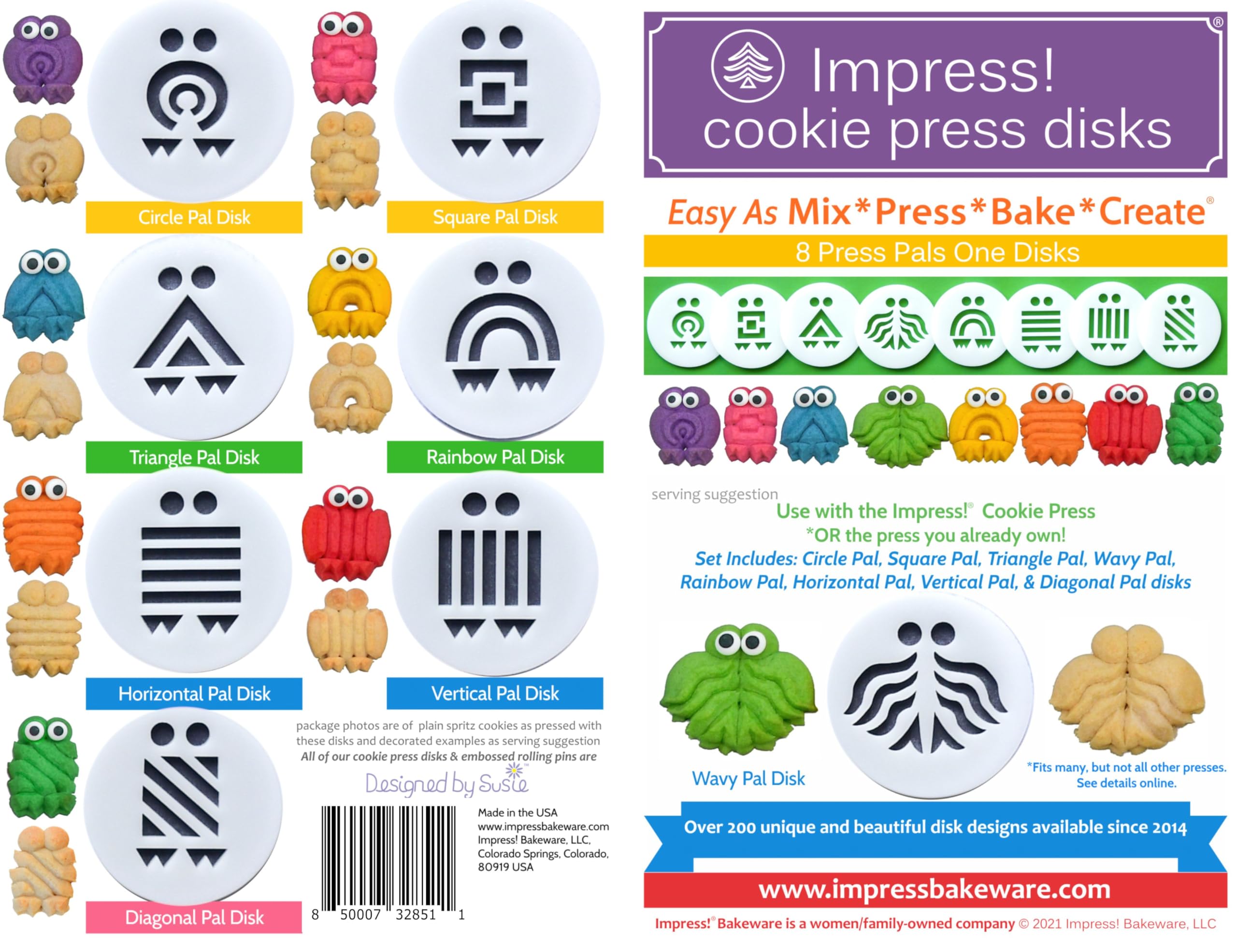 Impress Cookie Press Disks – Press Pals Ein Set mit 8 lebensmittelechten Kunststoffformen mit gewelltem Freund, Regenbogenfreund und mehr, passend für viele manuelle Modelle – siehe Bild zur Größe der