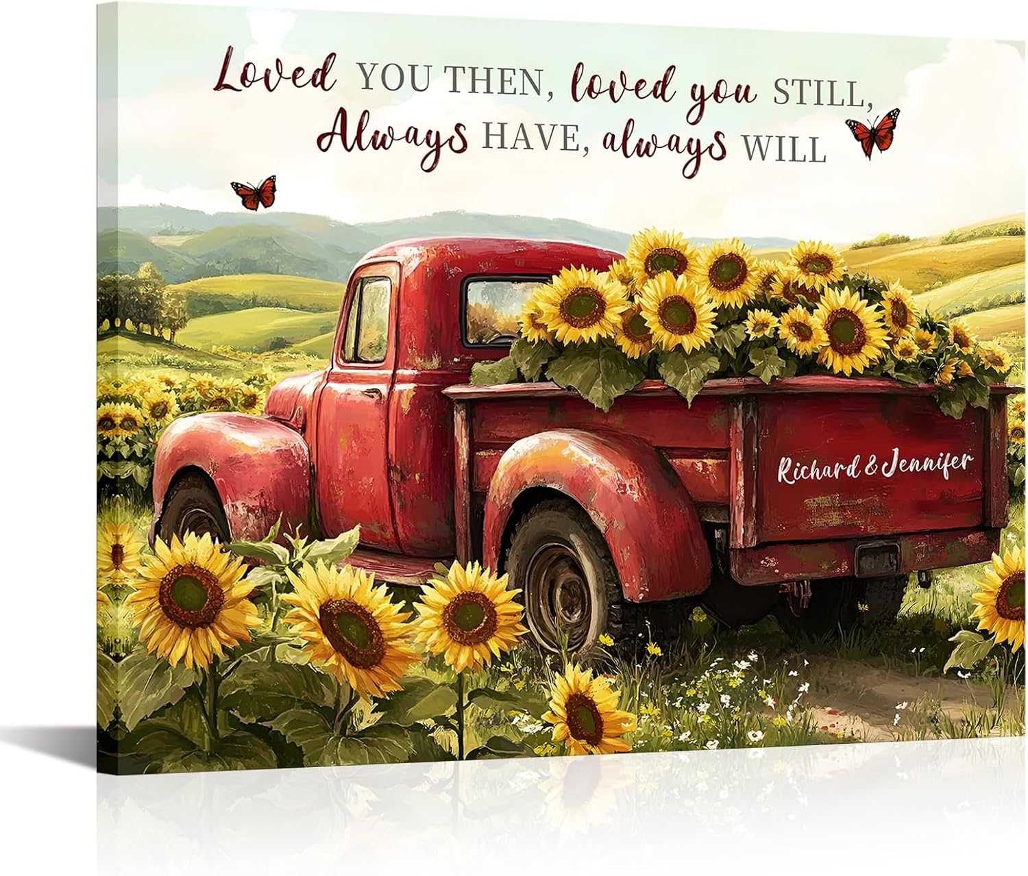 iLOOKLiKE Personalized Couples Names On the Tailgate Canvas Wall Art Farmhouse Red Truck Sunflower Prints Painting Custom Gifts for Her Him Anniversary Wedding Valentine's Day Home Decor